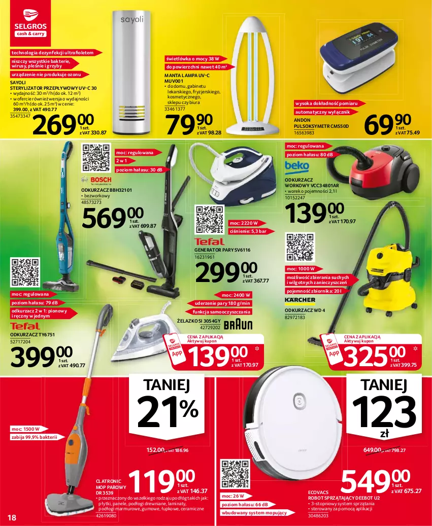 Gazetka promocyjna Selgros - Oferta przemysłowa - ważna 24.06 do 07.07.2021 - strona 18 - produkty: Generator pary, Grzyby, Lampa, LG, Manta, Mop, Mop parowy, Odkurzacz, Pulsoksymetr, Robot, Robot sprzątający, Sok, Sterylizator, Top