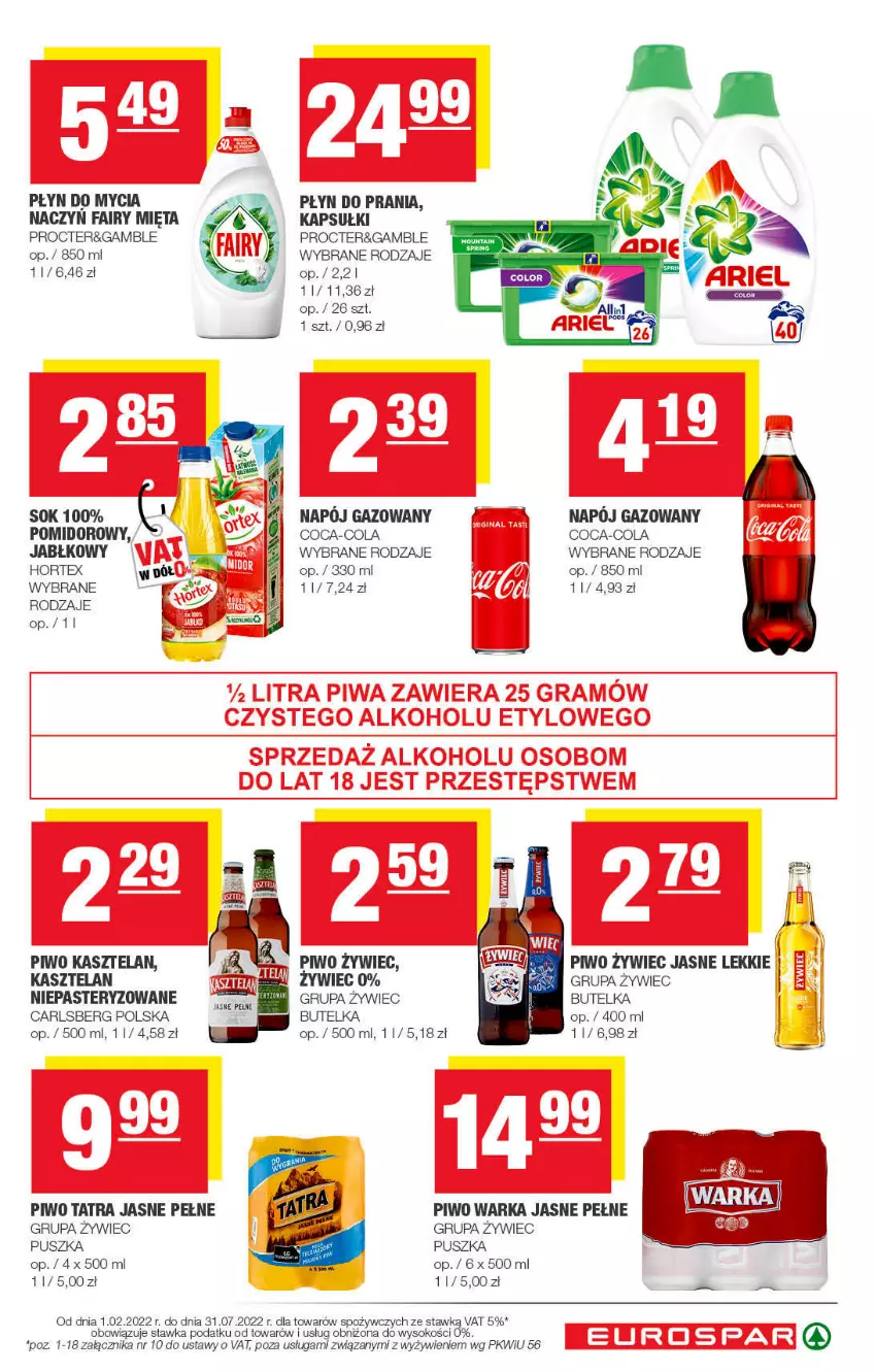 Gazetka promocyjna Spar - EuroSpar - ważna 30.01 do 12.02.2022 - strona 15 - produkty: Carlsberg, Coca-Cola, Fa, Fairy, Hortex, Kasztelan, Mięta, Napój, Napój gazowany, Piwo, Płyn do mycia, Płyn do prania, Sok, Tatra, Tera, Warka