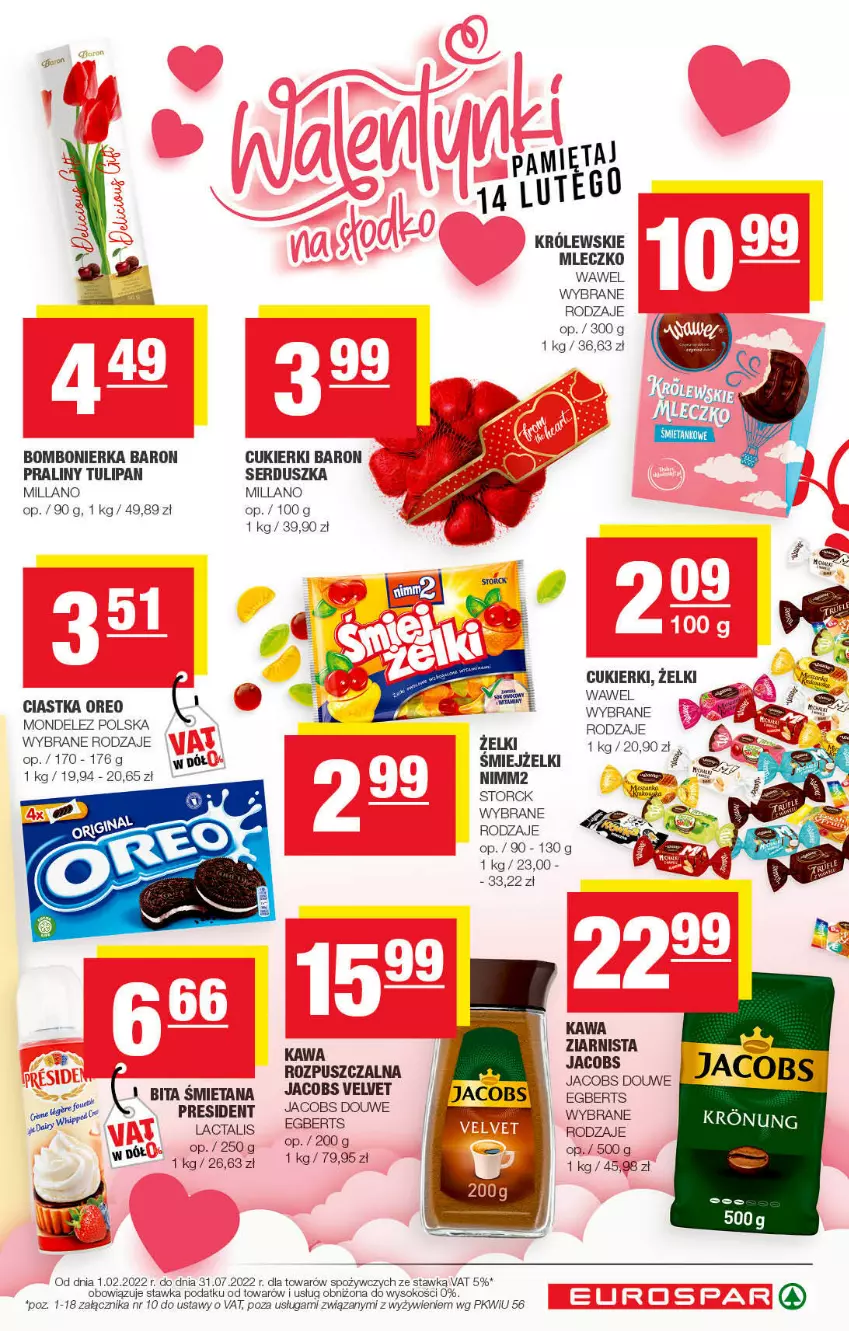 Gazetka promocyjna Spar - EuroSpar - ważna 30.01 do 12.02.2022 - strona 5 - produkty: Ciastka, Cukier, Cukierki, Jacobs, Jacobs Velvet, Kawa, Kawa ziarnista, Królewski, Królewskie Mleczko, Mięta, Mleczko, Nimm2, Oreo, Praliny, Ser, Sok, Tulipan, Velvet, Wawel