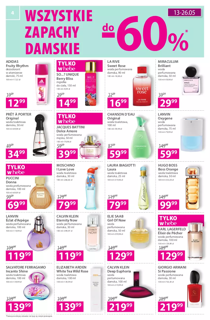 Gazetka promocyjna Hebe - Gazetka - ważna 20.05 do 02.06.2021 - strona 4 - produkty: Adidas, Calvin Klein, Chanson d’eau, Dezodorant, Elie Saab, Elizabeth Arden, Gin, Giorgio Armani, Hugo Boss, Karl Lagerfeld, La Rive, Lanvin, Laur, Moschino, Perfum, Por, Salvatore Ferragamo, Woda, Woda perfumowana, Woda toaletowa