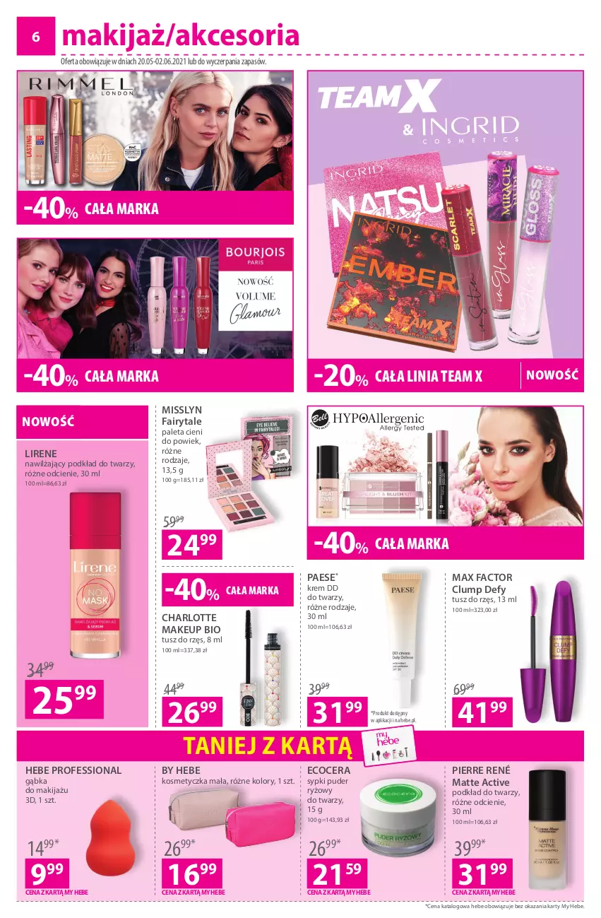 Gazetka promocyjna Hebe - Gazetka - ważna 20.05 do 02.06.2021 - strona 6 - produkty: Fa, Fairy, Kosmetyczka, Lirene, Makijaż, Max Factor, PAESE, Paleta, Pierre René, Podkład, Podkład do twarzy, Puder, Ryż, Tusz