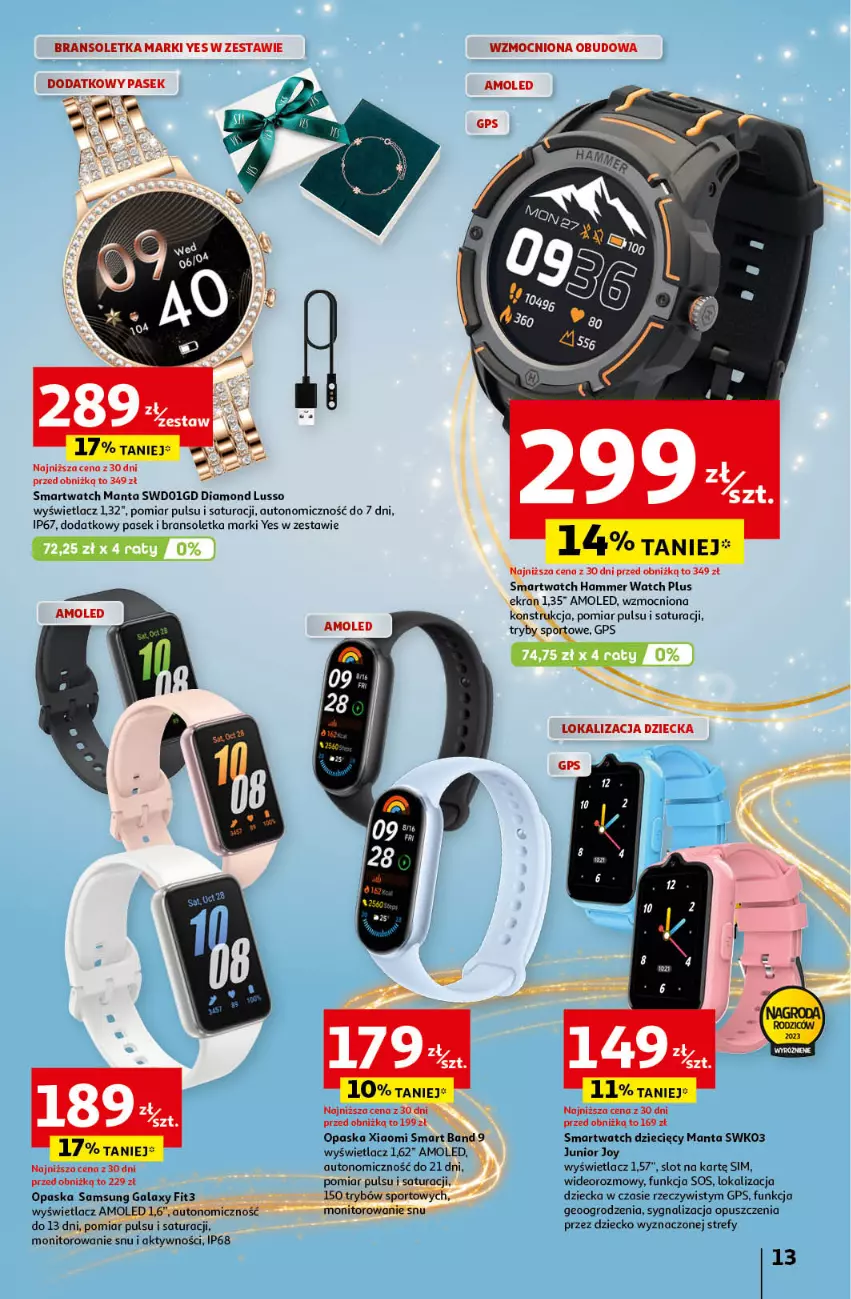 Gazetka promocyjna Auchan - Katalog Moc prezentów Hipermarket Auchan - ważna 28.11 do 15.12.2024 - strona 13 - produkty: Amol, Bransoletka, Dzieci, Gala, Manta, Monitor, Opaska, Pasek, Por, Samsung, Smartwatch, Sos, Sport