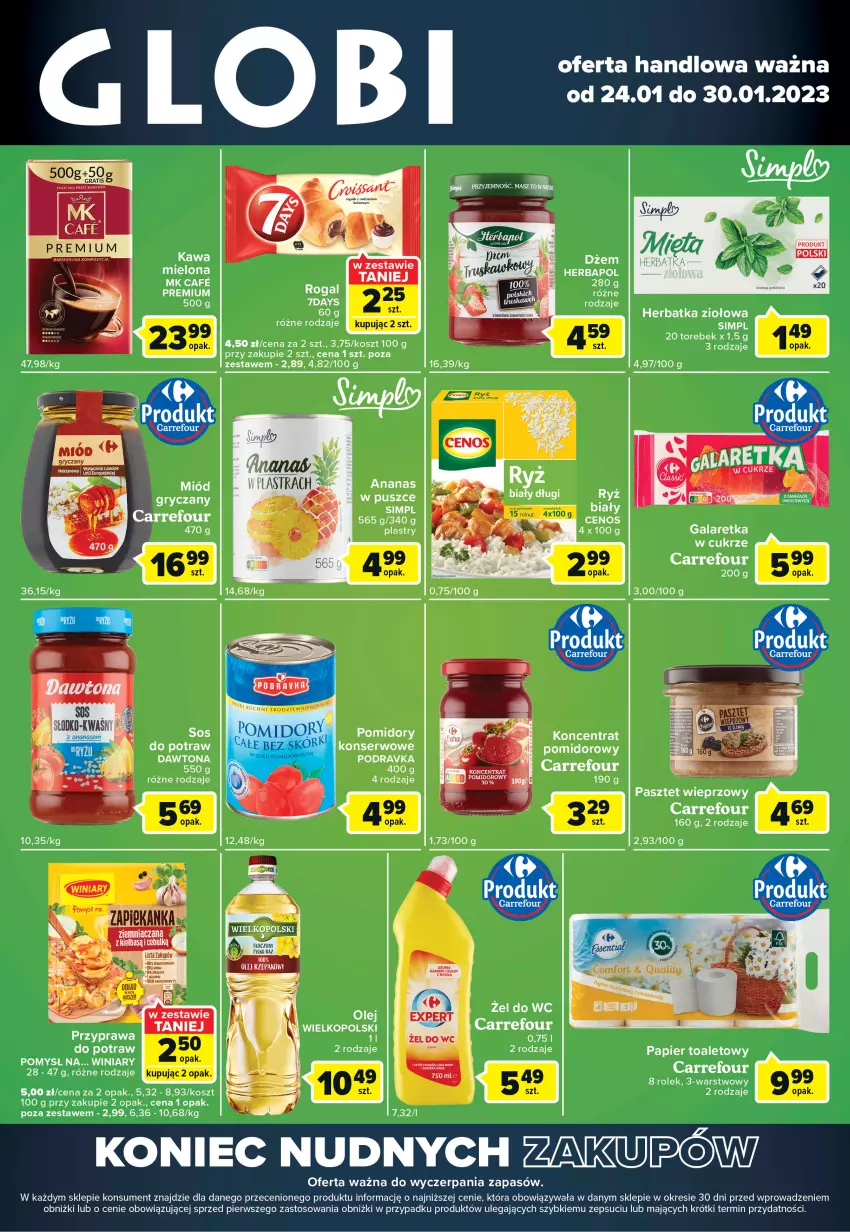 Gazetka promocyjna Carrefour - Gazetka Globi - ważna 24.01 do 30.01.2023 - strona 1 - produkty: Ananas, Dżem, Gala, Galaretka, Gry, Herbapol, Kawa, Kosz, Papier, Papier toaletowy, Pasztet, Podravka, Rogal, Ser, Winiary