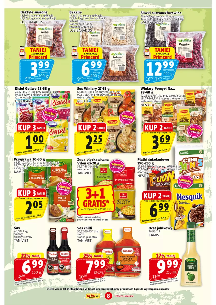 Gazetka promocyjna Prim Market - ważna 18.09 do 24.09.2025 - strona 8 - produkty: Daktyle, Danio, Gra, Kamis, Kisiel, Kurczak, Ocet, Por, Rodzynki, Ser, Sos, Sos chilli, Sos sojowy, TaoTao, Winiary, Zupa