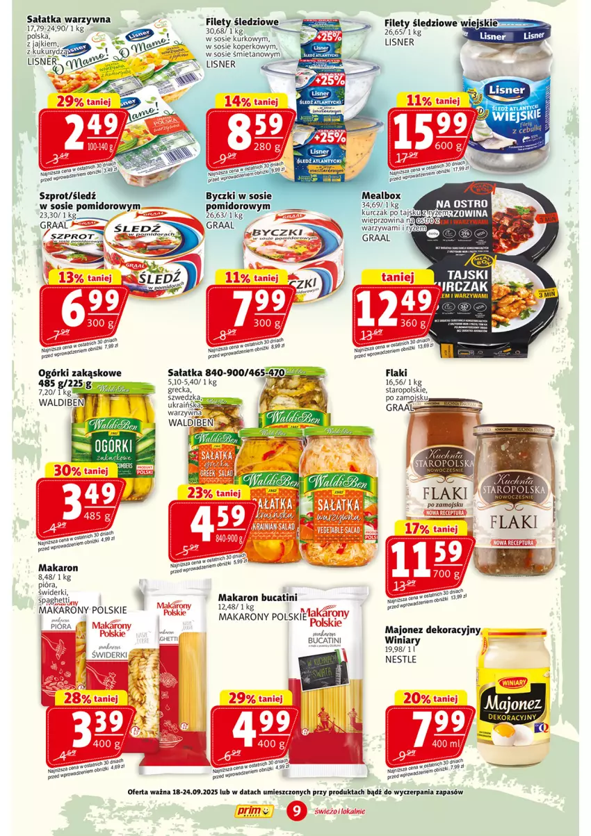Gazetka promocyjna Prim Market - ważna 18.09 do 24.09.2025 - strona 9 - produkty: BIC, Flaki, Gra, Graal, Kurczak, Lisner, Majonez, Makaron, Moda, Sałat, Sałatka, Sałatka warzywna, Sos, Spaghetti, Szprot, Winiary