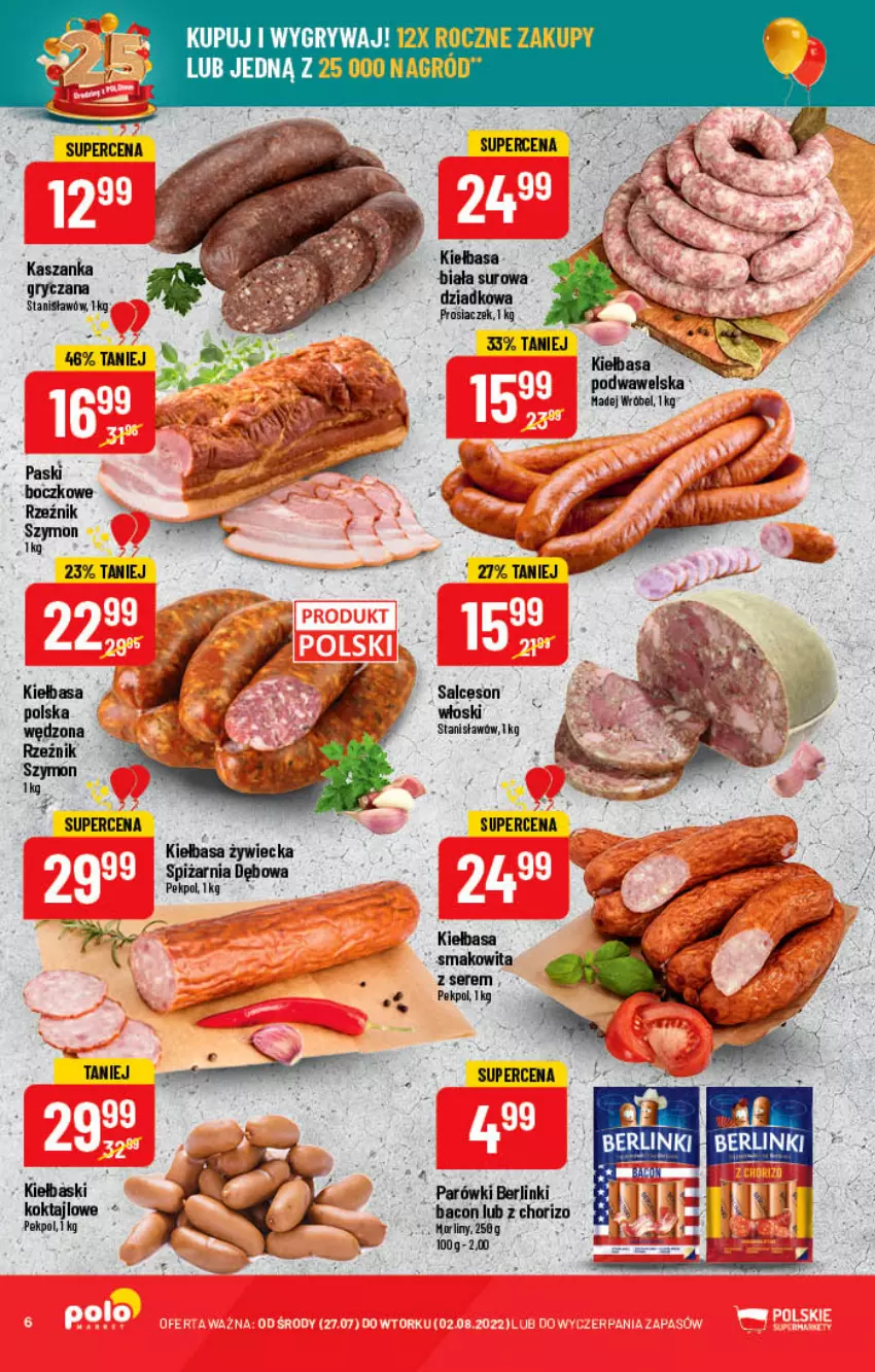 Gazetka promocyjna PoloMarket - Gazetka pomocyjna - ważna 27.07 do 02.08.2022 - strona 6 - produkty: Berlinki, Gry, Kiełbasa, Madej Wróbel, Morliny, Parówki, Pekpol, Salceson, Ser, Smakowita, Wawel