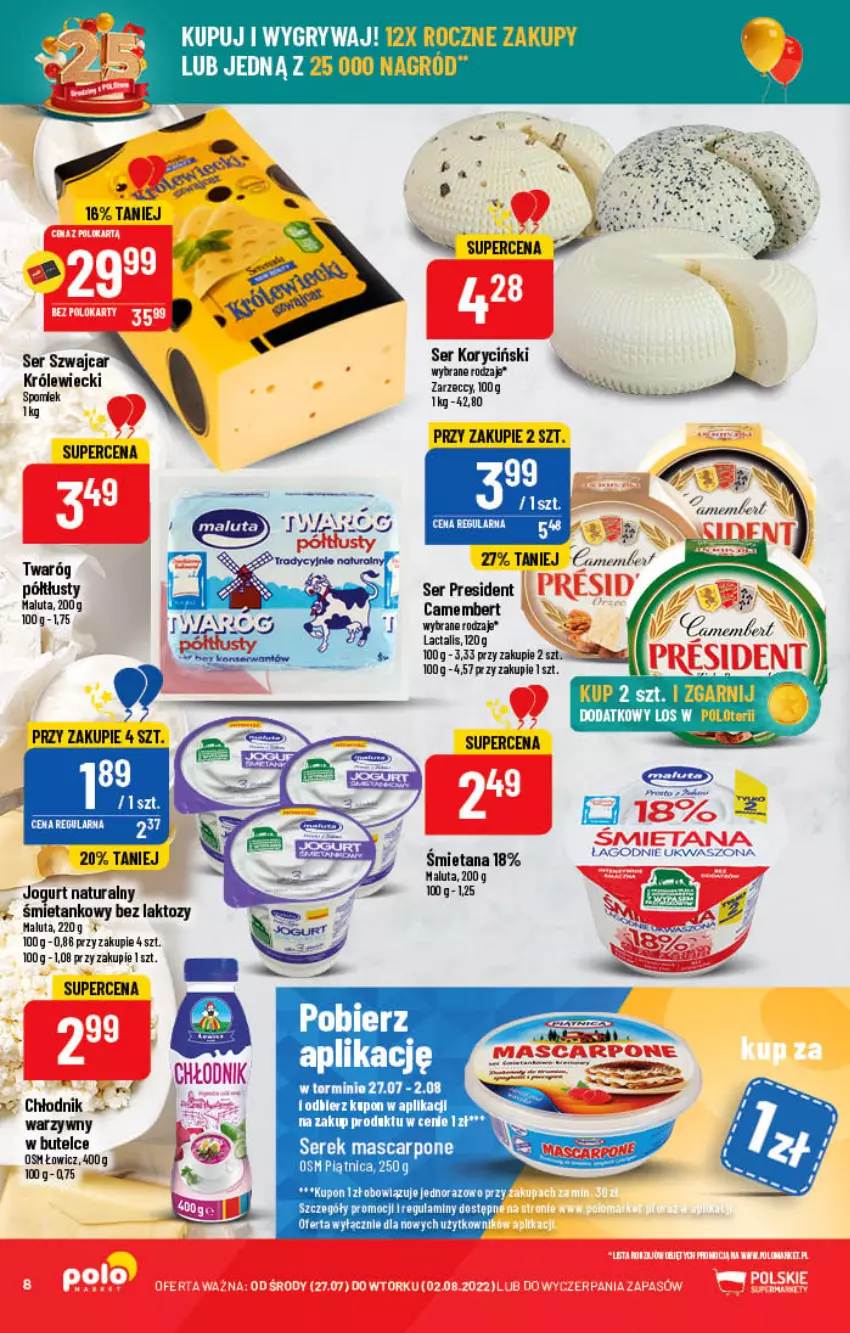 Gazetka promocyjna PoloMarket - Gazetka pomocyjna - ważna 27.07 do 02.08.2022 - strona 8 - produkty: Camembert, Gry, Jogurt, Jogurt naturalny, Ser, Twaróg, Twaróg półtłusty