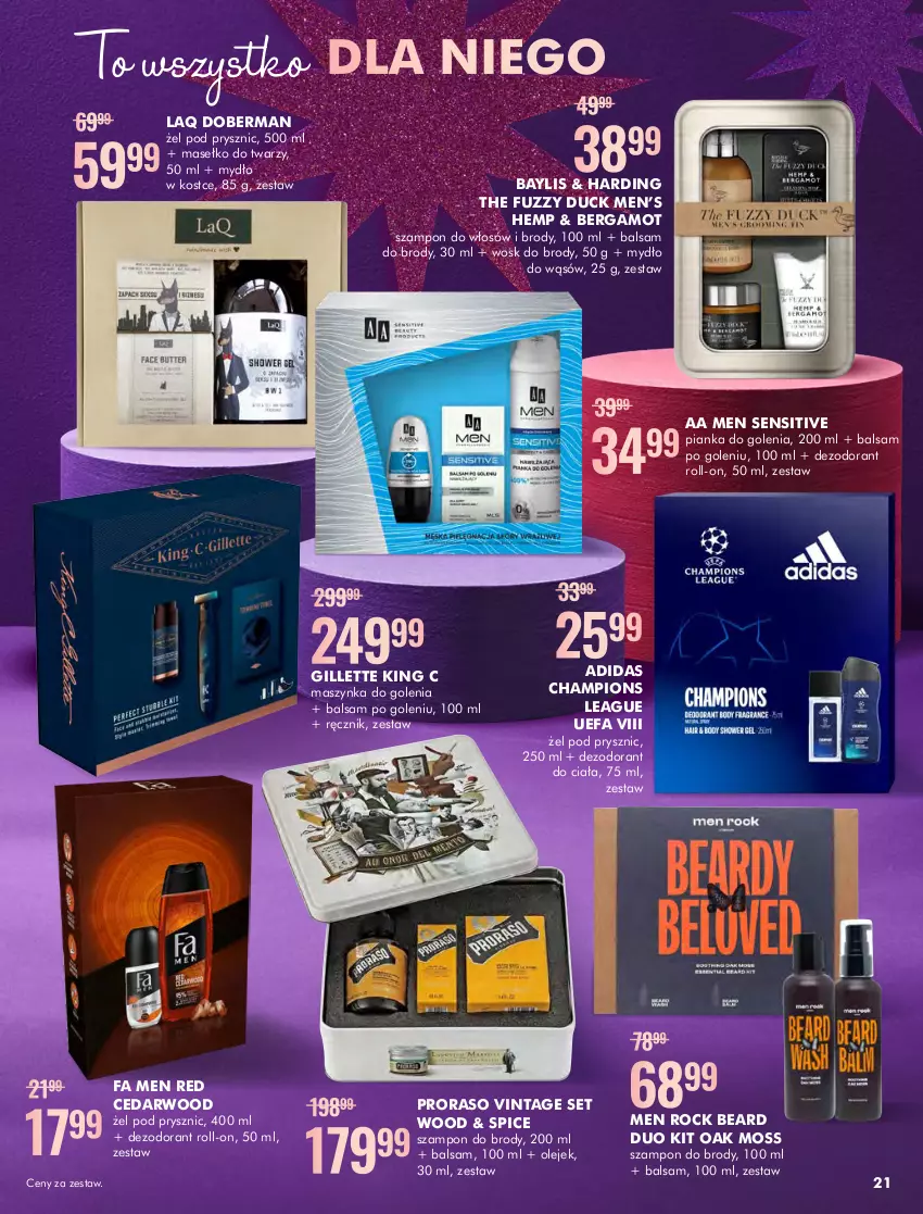 Gazetka promocyjna Super Pharm - Gazetka - ważna 12.11 do 30.11.2022 - strona 21 - produkty: Adidas, Balsam po goleniu, Dezodorant, Duck, Fa, Gillette, Maszynka, Maszynka do golenia, Mydło, Olej, Pianka do golenia, Ręcznik, Szampon, Szynka