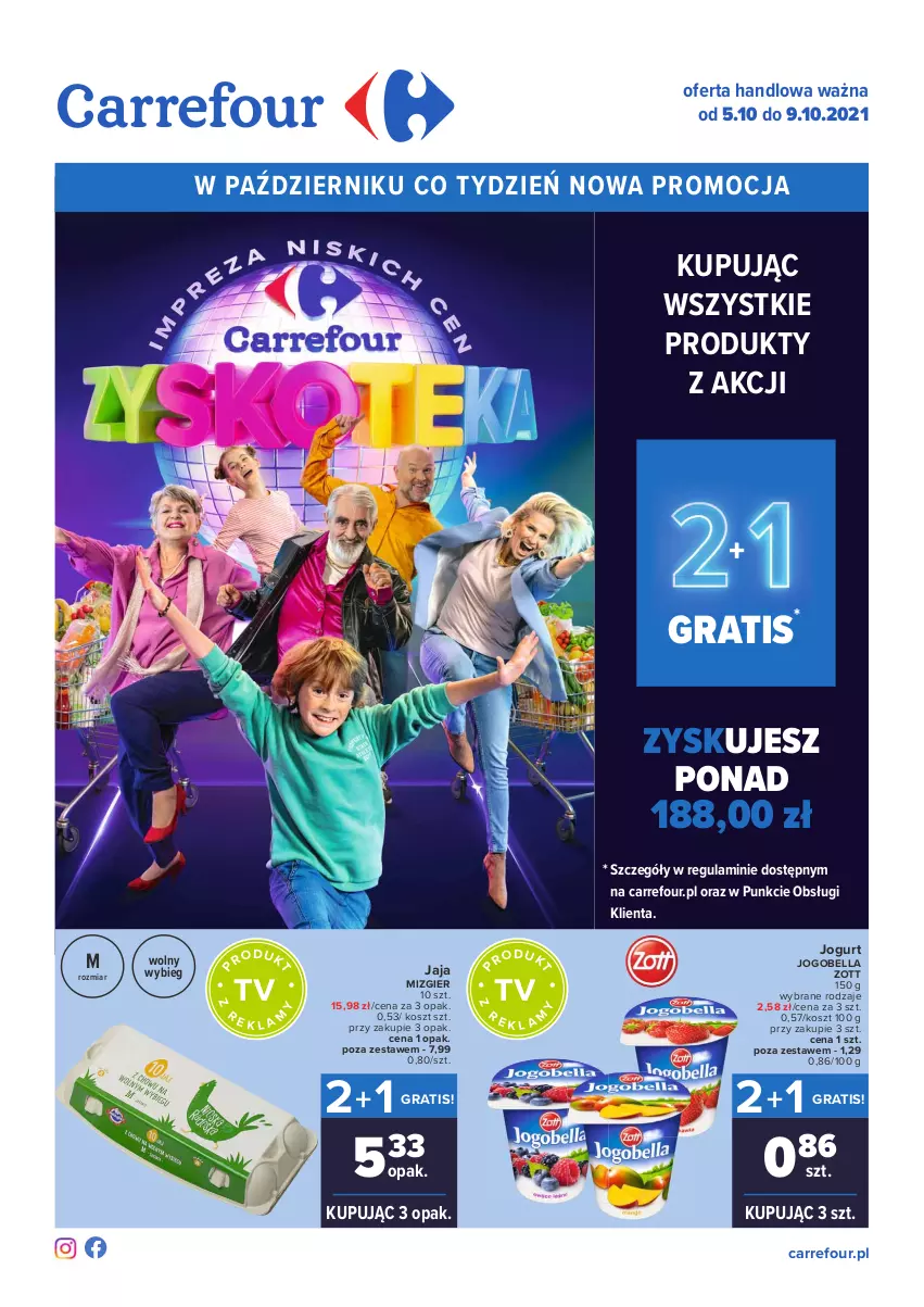 Gazetka promocyjna Carrefour - Gazetka Carrefour Zyskoteka - ważna 05.10 do 09.10.2021 - strona 1 - produkty: Bell, Bella, Gra, Jaja, Jogobella, Jogurt, Kosz, Zott