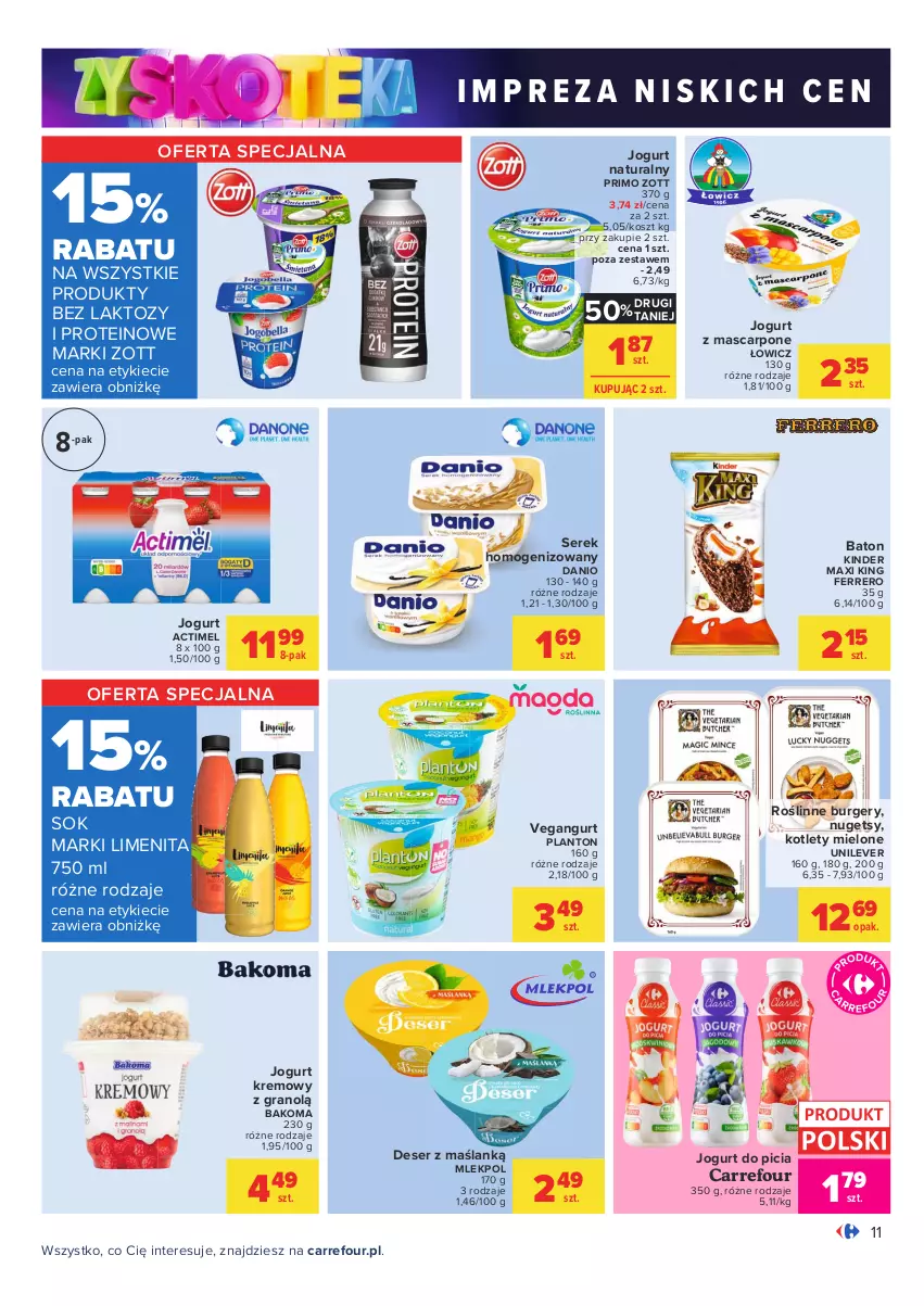 Gazetka promocyjna Carrefour - Gazetka Carrefour Zyskoteka - ważna 05.10 do 09.10.2021 - strona 11 - produkty: Actimel, Bakoma, Baton, Burger, Danio, Deser, Ferrero, Gra, Jogurt, Jogurt naturalny, Kinder, Kosz, Kotlet, Mascarpone, Ser, Serek, Serek homogenizowany, Sok, Vegangurt, Zott