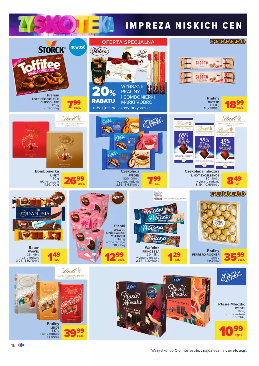 Gazetka promocyjna Carrefour - Gazetka Carrefour Zyskoteka - ważna 05.10 do 09.10.2021 - strona 16 - produkty: Baton, Czekolada, Czekolada mleczna, Ferrero, Ferrero Rocher, Królewski, Królewskie Mleczko, Lindt, Mleczko, Praliny, Princessa, Ptasie mleczko, Toffifee, Wafelek, Wawel