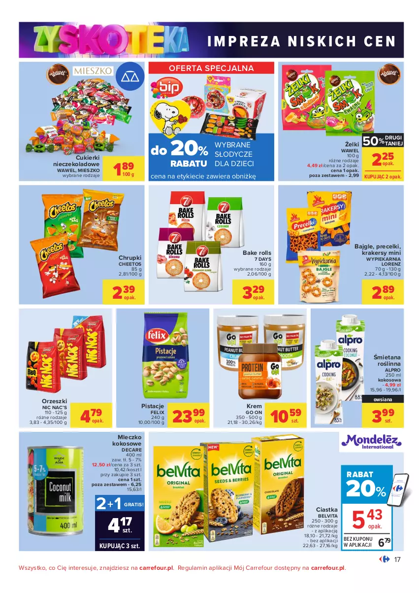 Gazetka promocyjna Carrefour - Gazetka Carrefour Zyskoteka - ważna 05.10 do 09.10.2021 - strona 17 - produkty: 7 Days, Alpro, Bajgle, Bake Rolls, BelVita, Cheetos, Chrupki, Ciastka, Cukier, Cukierki, Dzieci, Felix, Gra, Kokos, Kosz, Krakersy, Lorenz, Mleczko, Orzeszki, Pistacje, Precelki, Wawel