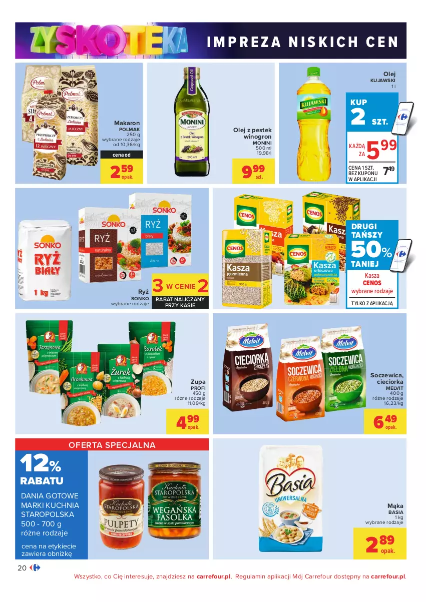 Gazetka promocyjna Carrefour - Gazetka Carrefour Zyskoteka - ważna 05.10 do 09.10.2021 - strona 20 - produkty: Basia, Cenos, Cieciorka, Dania gotowe, Kasza, Kuchnia, Kuchnia Staropolska, Kujawski, Mąka, Makaron, Melvit, Monini, Olej, Olma, Orka, Ryż, Sonko, Stek, Wino, Zupa