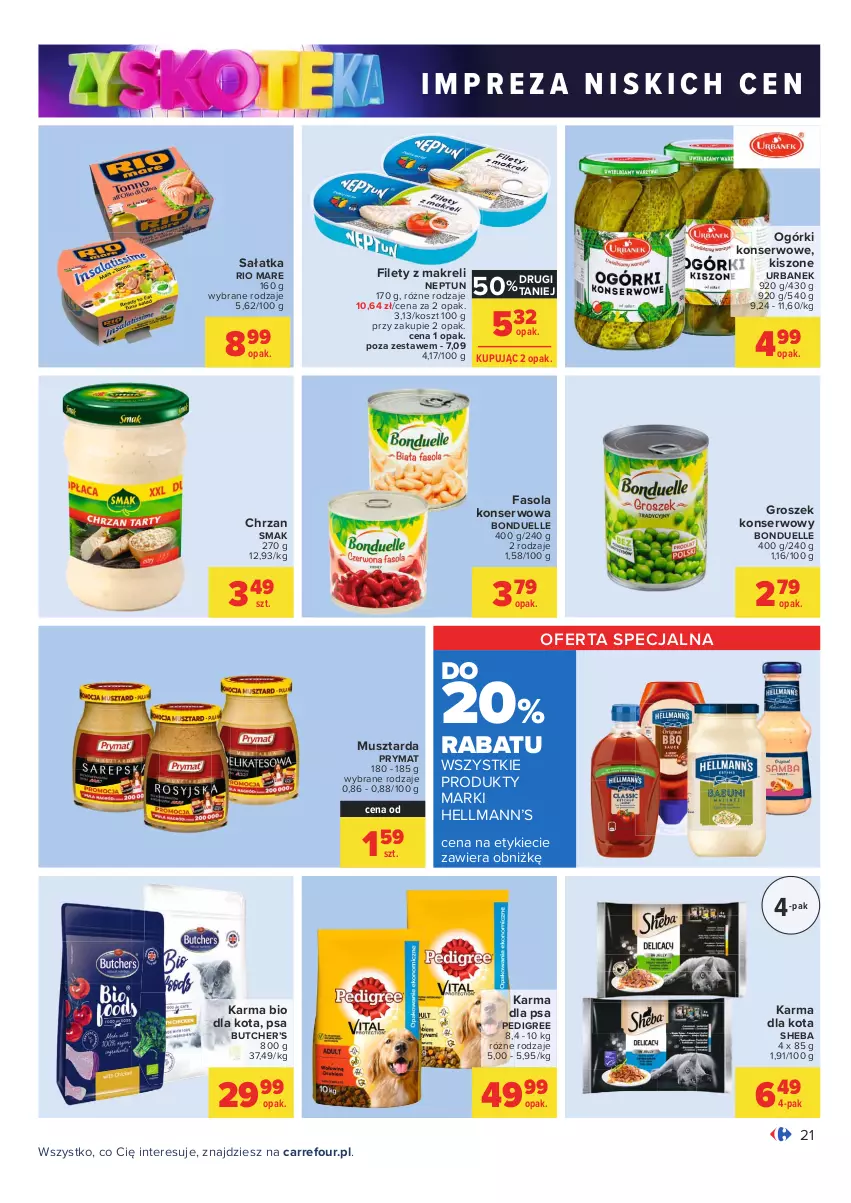 Gazetka promocyjna Carrefour - Gazetka Carrefour Zyskoteka - ważna 05.10 do 09.10.2021 - strona 21 - produkty: Bonduelle, Chrzan, Fa, Fasola, Groszek, Hellmann’s, Kosz, Mus, Musztarda, Ogórki konserwowe, Pedigree, Prymat, Rio Mare, Sałat, Sałatka, Ser, Sheba