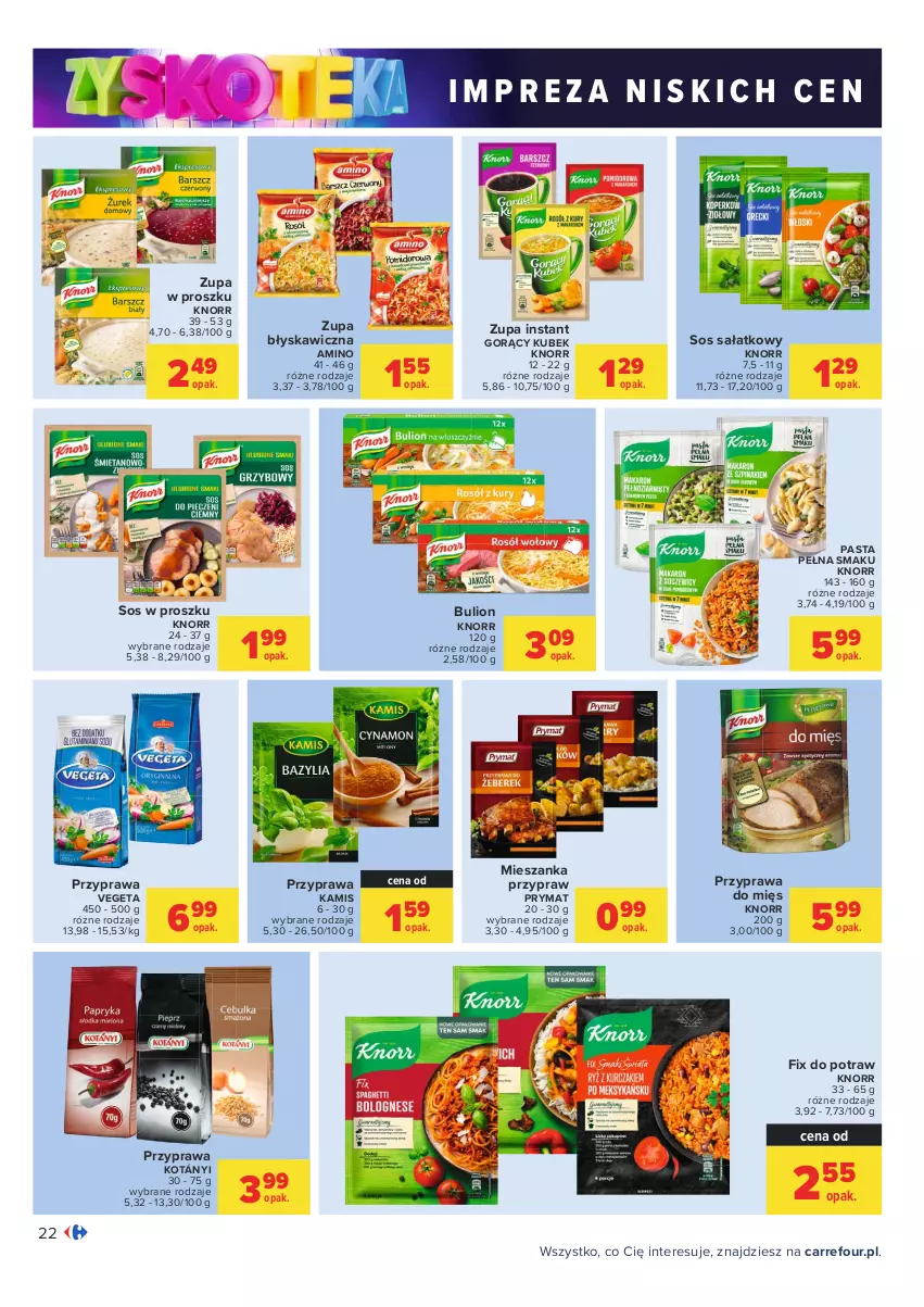 Gazetka promocyjna Carrefour - Gazetka Carrefour Zyskoteka - ważna 05.10 do 09.10.2021 - strona 22 - produkty: Bulion, Kamis, Knorr, Kotányi, Kubek, Lion, Prymat, Sałat, Sos, Vegeta, Zupa