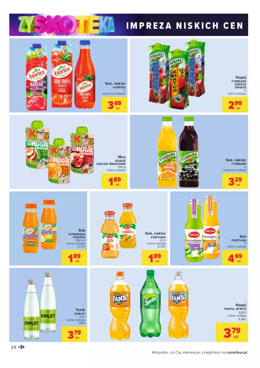 Gazetka promocyjna Carrefour - Gazetka Carrefour Zyskoteka - ważna 05.10 do 09.10.2021 - strona 24 - produkty: Fa, Fanta, Fortuna, Hortex, Inka, Kubuś, Mus, Napój, Nektar, Owoce, Sok, Sprite, Tonik, Tymbark