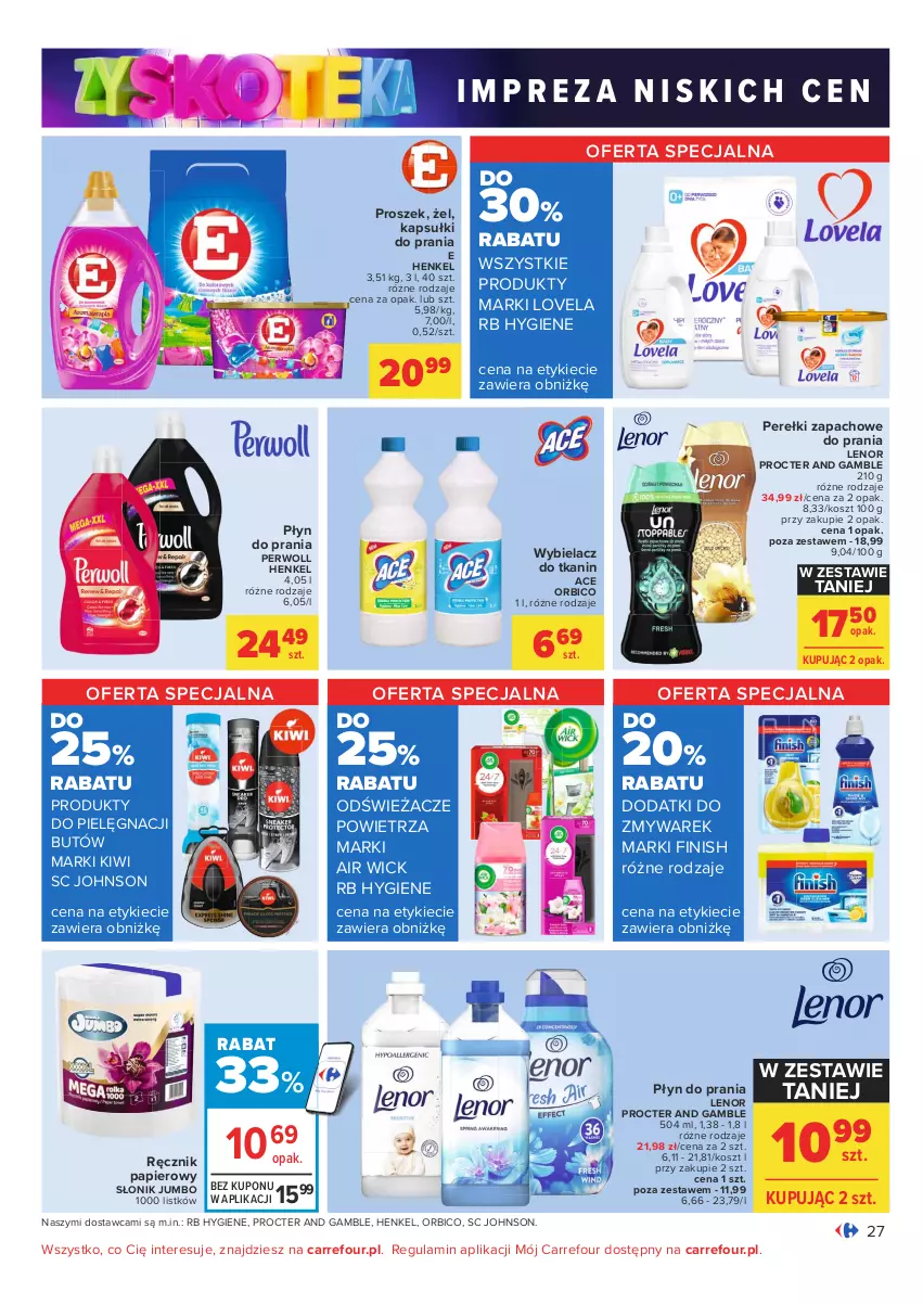 Gazetka promocyjna Carrefour - Gazetka Carrefour Zyskoteka - ważna 05.10 do 09.10.2021 - strona 27 - produkty: Air Wick, BIC, Finish, Kapsułki do prania, Kiwi, Kosz, Lenor, Lovela, Papier, Perełki zapachowe, Perwoll, Płyn do prania, Ręcznik