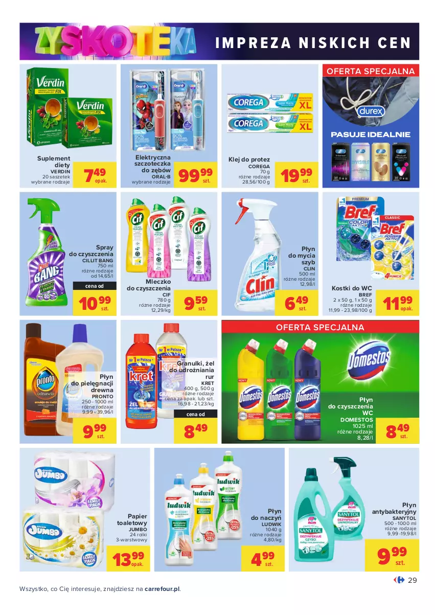 Gazetka promocyjna Carrefour - Gazetka Carrefour Zyskoteka - ważna 05.10 do 09.10.2021 - strona 29 - produkty: Bref, Cif, Cillit Bang, Clin, Corega, Domestos, Elektryczna szczoteczka, Gra, Klej, Kret, Ludwik, Mleczko, Papier, Papier toaletowy, Płyn do czyszczenia wc, Płyn do mycia, Pronto, Rolki, Sanytol, Spray do czyszczenia, Suplement diety, Szczoteczka, Szczoteczka do zębów