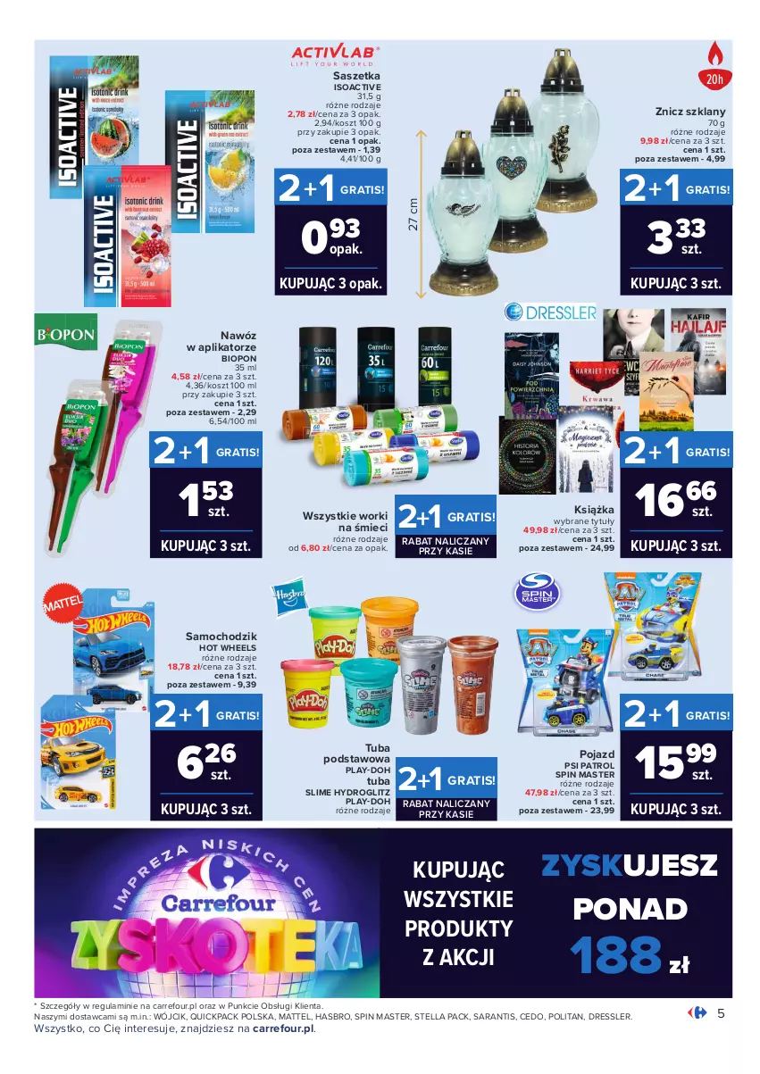 Gazetka promocyjna Carrefour - Gazetka Carrefour Zyskoteka - ważna 05.10 do 09.10.2021 - strona 5 - produkty: Chodzik, Dres, Gra, Hasbro, Hot Wheels, Kosz, Książka, Mattel, Nawóz, Play-Doh, Pojazd, Psi Patrol, Worki na śmiec, Worki na śmieci, Znicz