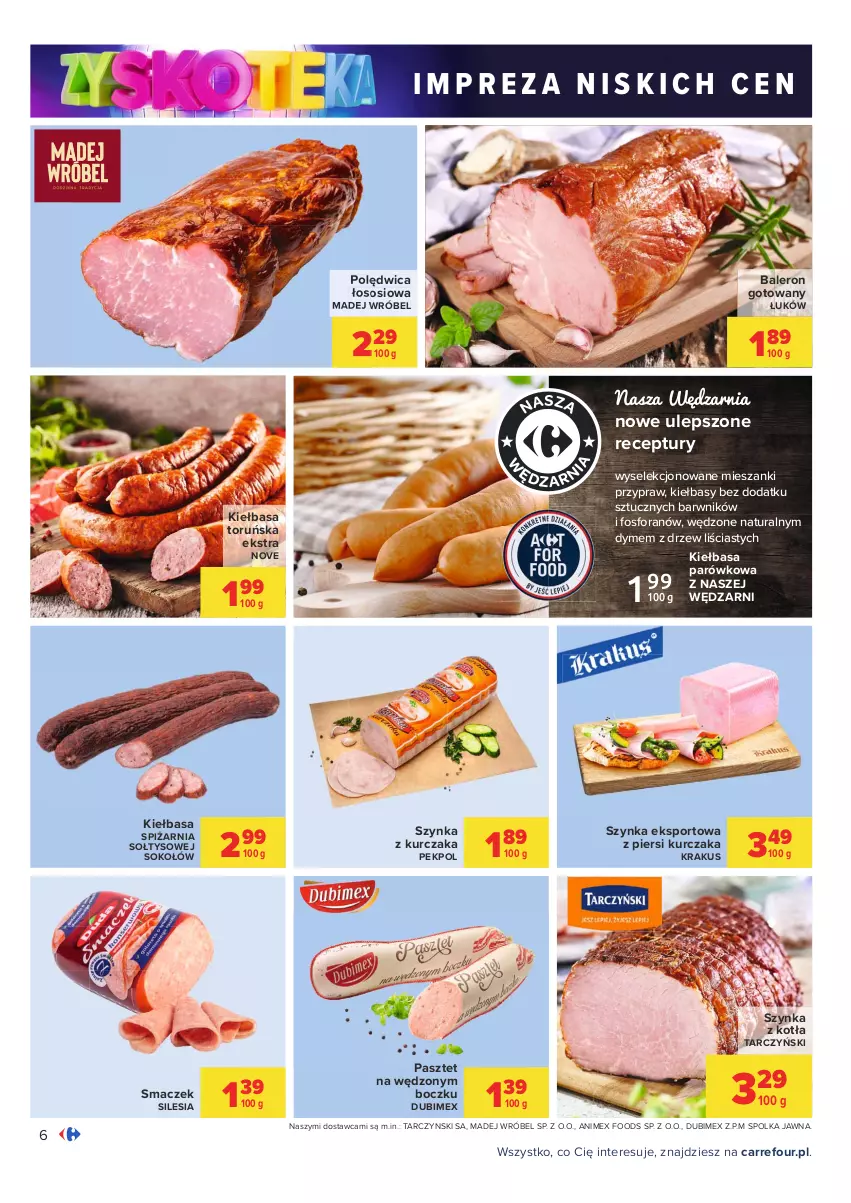 Gazetka promocyjna Carrefour - Gazetka Carrefour Zyskoteka - ważna 05.10 do 09.10.2021 - strona 6 - produkty: Kiełbasa, Krakus, Kurczak, Madej Wróbel, Pasztet, Pekpol, Polędwica, Por, Sok, Sokołów, Sos, Sport, Szynka, Tarczyński