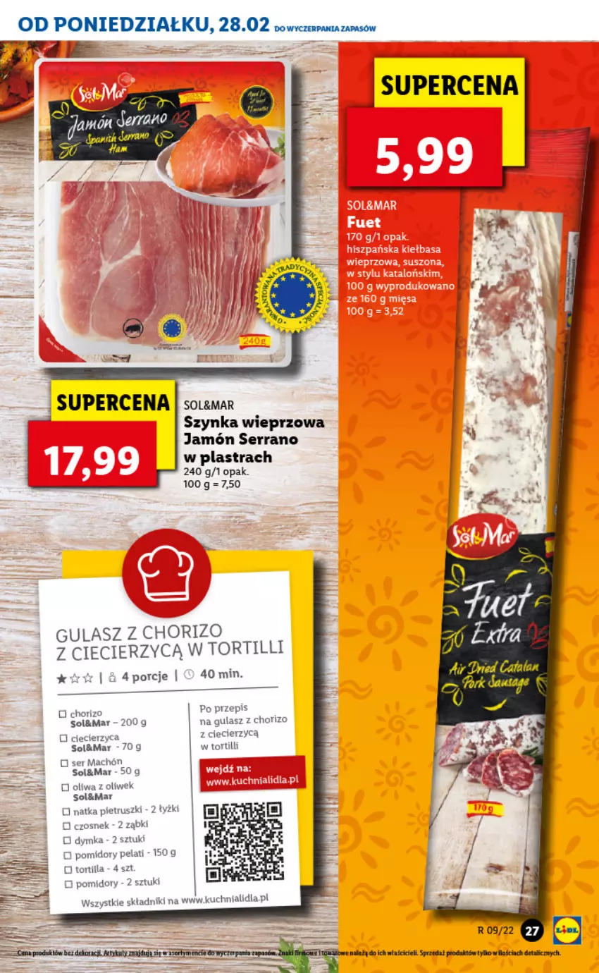 Gazetka promocyjna Lidl - GAZETKA - ważna 28.02 do 02.03.2022 - strona 27 - produkty: Czosnek, Jamón serrano, LG, Natka pietruszki, Oliwa z oliwek, Pomidory, Por, Ser, Szynka, Szynka wieprzowa, Tortilla