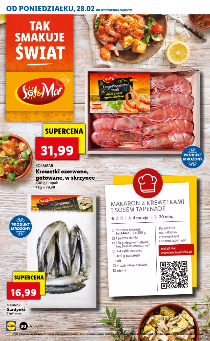 Gazetka promocyjna Lidl - GAZETKA - ważna 28.02 do 02.03.2022 - strona 30 - produkty: Fa, Inka, Krewetki, LG, Makaron, Pieprz, Por, Sardynki, Sól, Sos, Stek, Tagliatelle