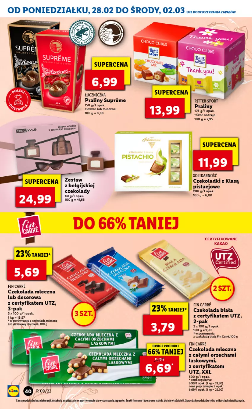 Gazetka promocyjna Lidl - GAZETKA - ważna 28.02 do 02.03.2022 - strona 40 - produkty: Czekolada, Czekolada mleczna, Deser, Lack, LG, Por, Praliny, Ritter Sport, Ser, Sport, Znicz