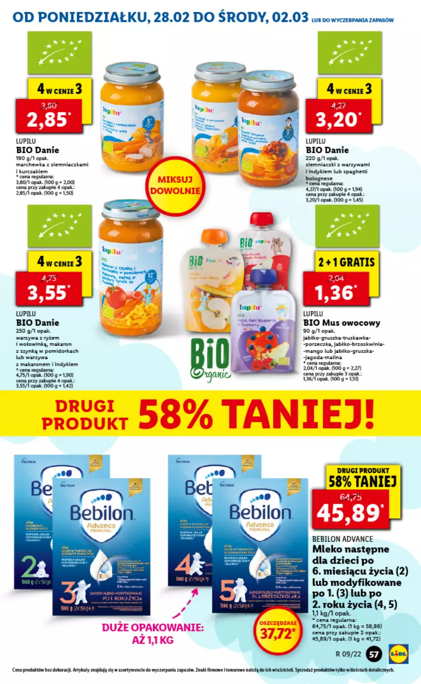 Gazetka promocyjna Lidl - GAZETKA - ważna 28.02 do 02.03.2022 - strona 57 - produkty: BEBILON, Dzieci, Gra, Kurczak, Mango, Marchewka, Mleko, Mus, O nas, Pur, Ryż, Spaghetti, Warzywa