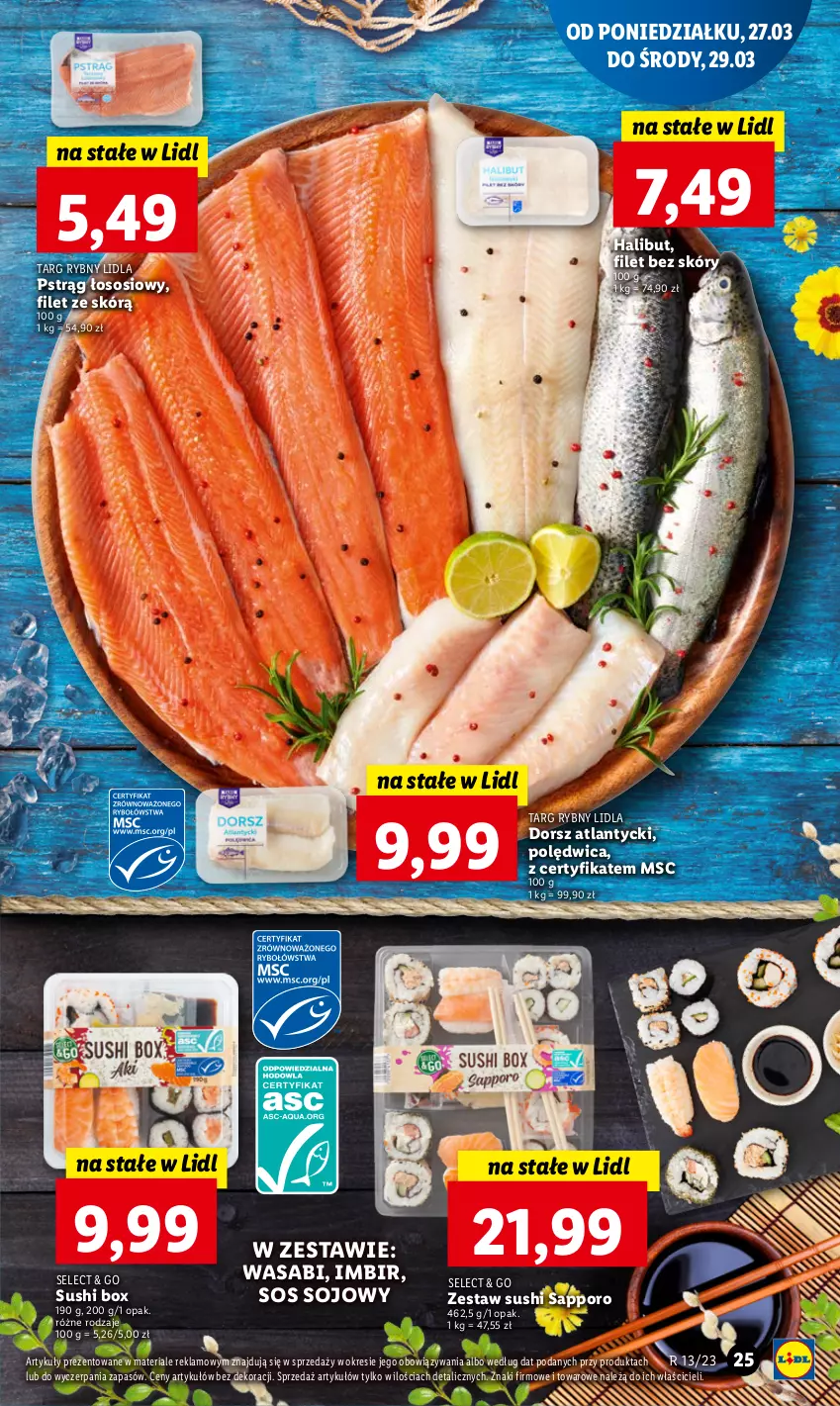 Gazetka promocyjna Lidl - GAZETKA - ważna 27.03 do 29.03.2023 - strona 29 - produkty: Dorsz, Halibut, Imbir, Polędwica, Por, Pstrąg, Pstrąg łososiowy, Sos, Sos sojowy, Sushi, Wasa