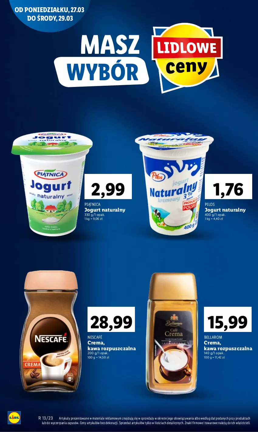 Gazetka promocyjna Lidl - GAZETKA - ważna 27.03 do 29.03.2023 - strona 30 - produkty: Bell, Bella, Jogurt, Jogurt naturalny, Kawa, Kawa rozpuszczalna, Nescafé, Piątnica, Pilos