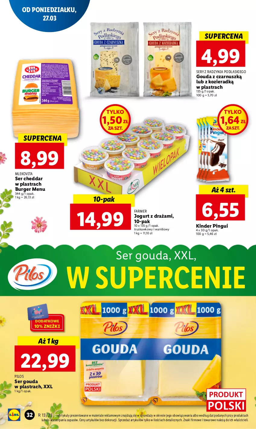 Gazetka promocyjna Lidl - GAZETKA - ważna 27.03 do 29.03.2023 - strona 38 - produkty: Burger, Cheddar, Fa, Gouda, Jogurt, Kinder, Mleko, Mlekovita, Pilos, Podlaski, Ser