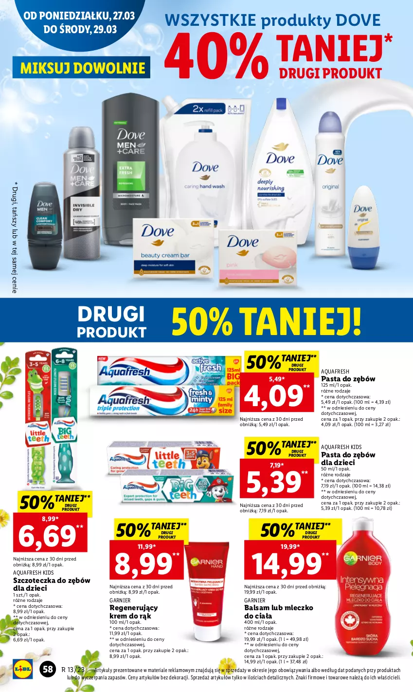 Gazetka promocyjna Lidl - GAZETKA - ważna 27.03 do 29.03.2023 - strona 64 - produkty: Aquafresh, Dove, Dzieci, Garnier, Krem do rąk, Mleczko, Mleczko do ciała, Pasta do zębów, Szczoteczka, Szczoteczka do zębów