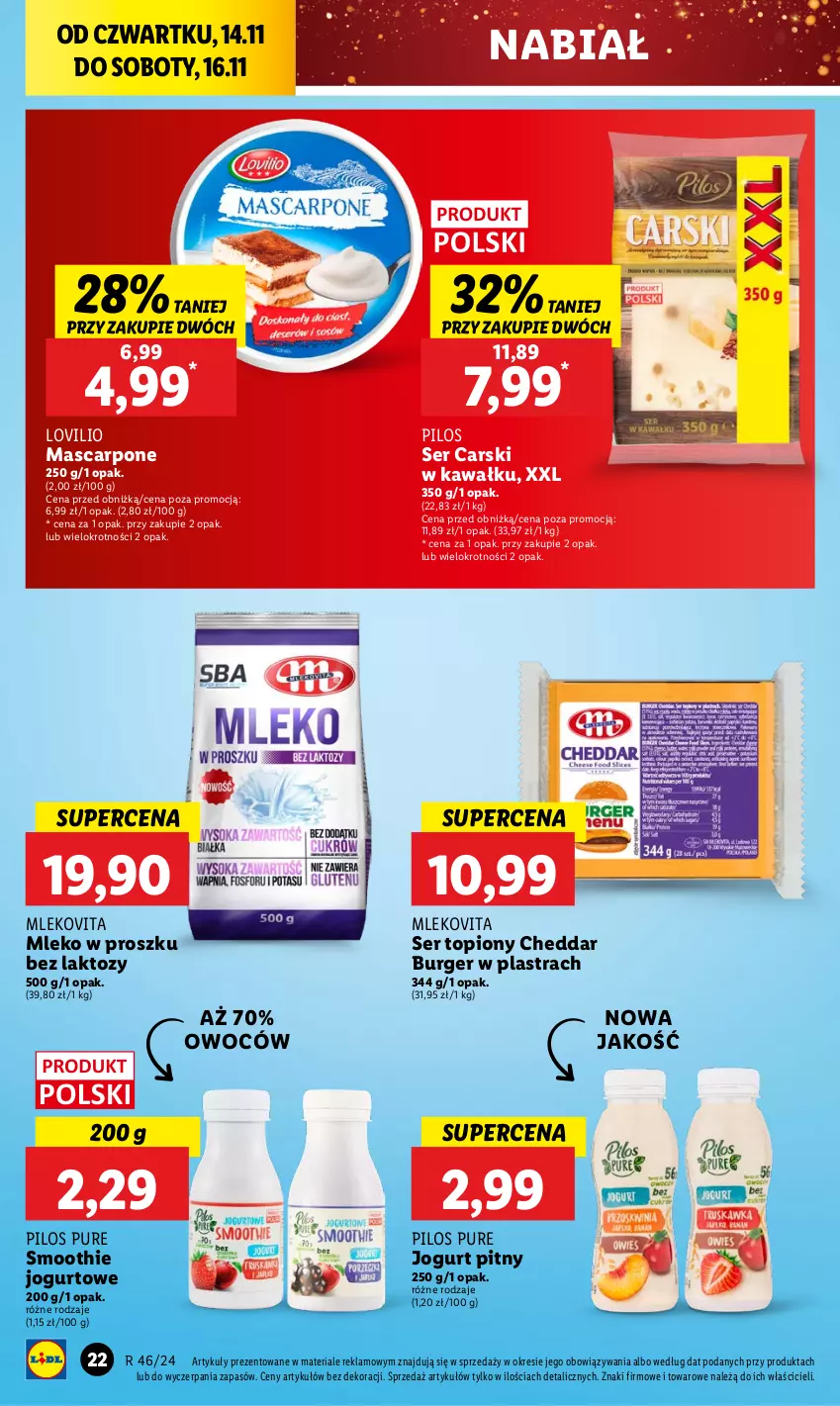 Gazetka promocyjna Lidl - GAZETKA - ważna 14.11 do 16.11.2024 - strona 24 - produkty: Burger, Cars, Cheddar, Jogurt, Jogurt pitny, Kawa, Lovi, Mascarpone, Mleko, Mleko w proszku, Mlekovita, Pilos, Pur, Ser, Ser topiony, Smoothie, Top