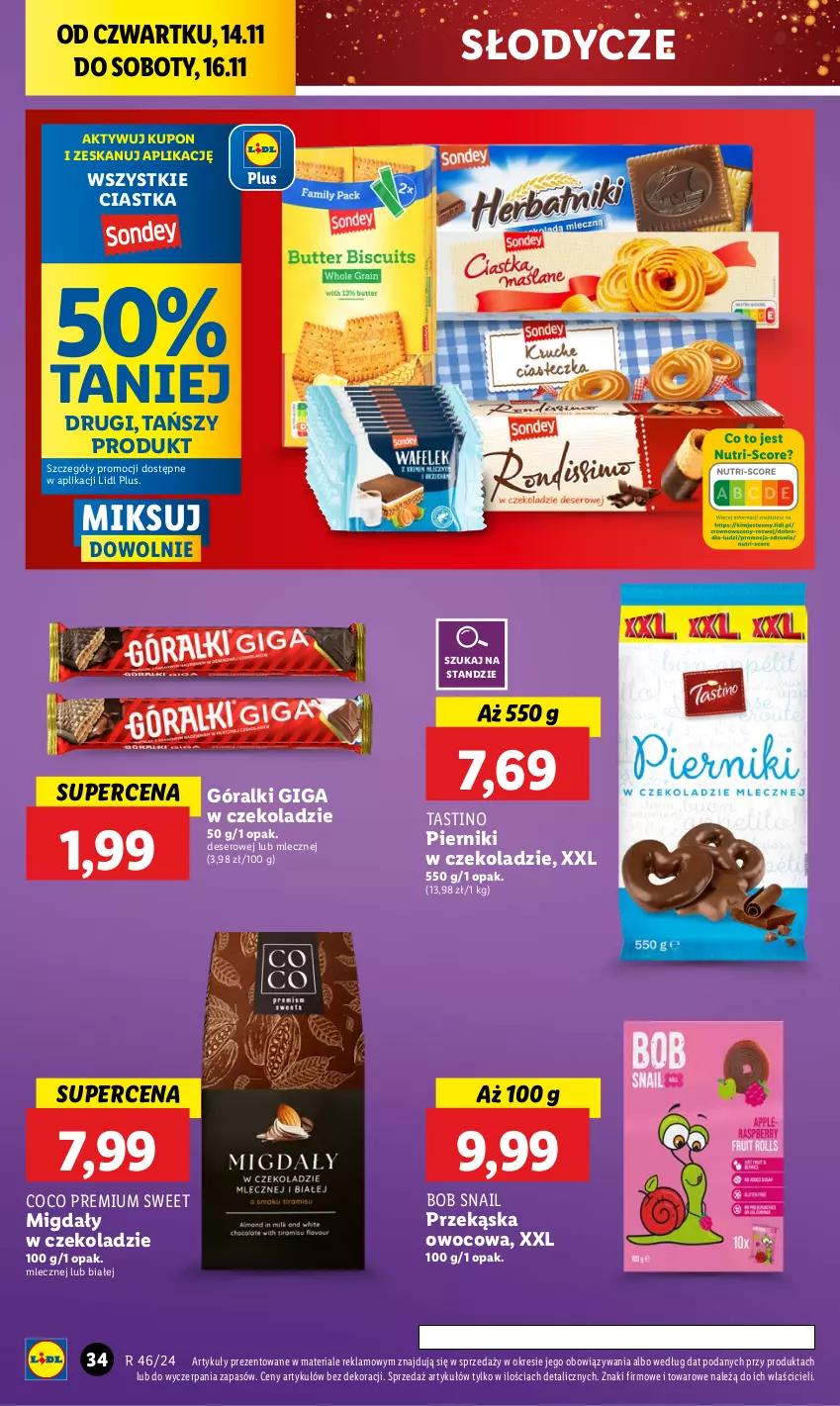 Gazetka promocyjna Lidl - GAZETKA - ważna 14.11 do 16.11.2024 - strona 36 - produkty: Ciastka, Deser, Góralki, Migdały, Migdały w czekoladzie, Piernik, Pierniki w czekoladzie, Ser