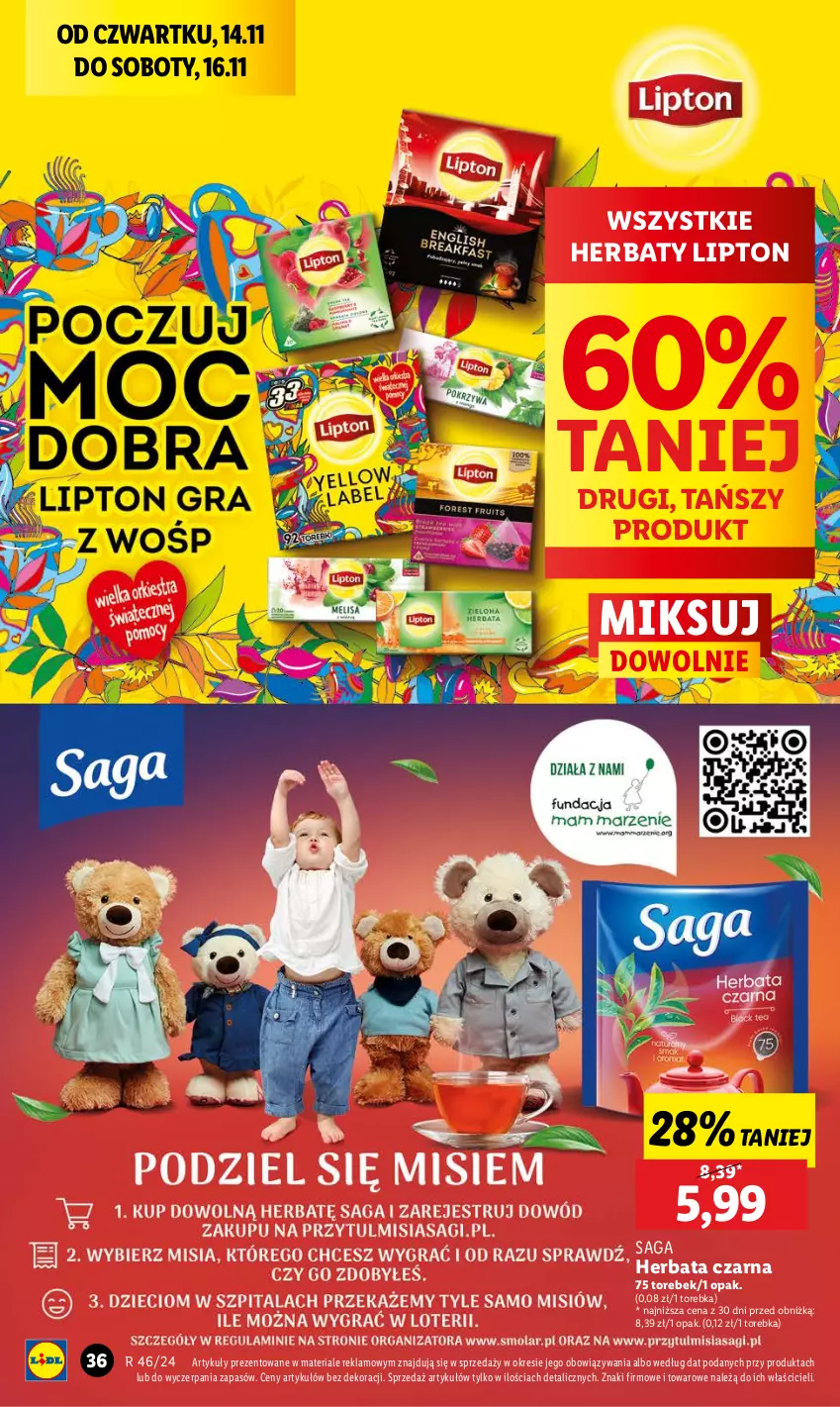 Gazetka promocyjna Lidl - GAZETKA - ważna 14.11 do 16.11.2024 - strona 38 - produkty: Herbata, Herbata czarna, Lipton, Saga, Torebka