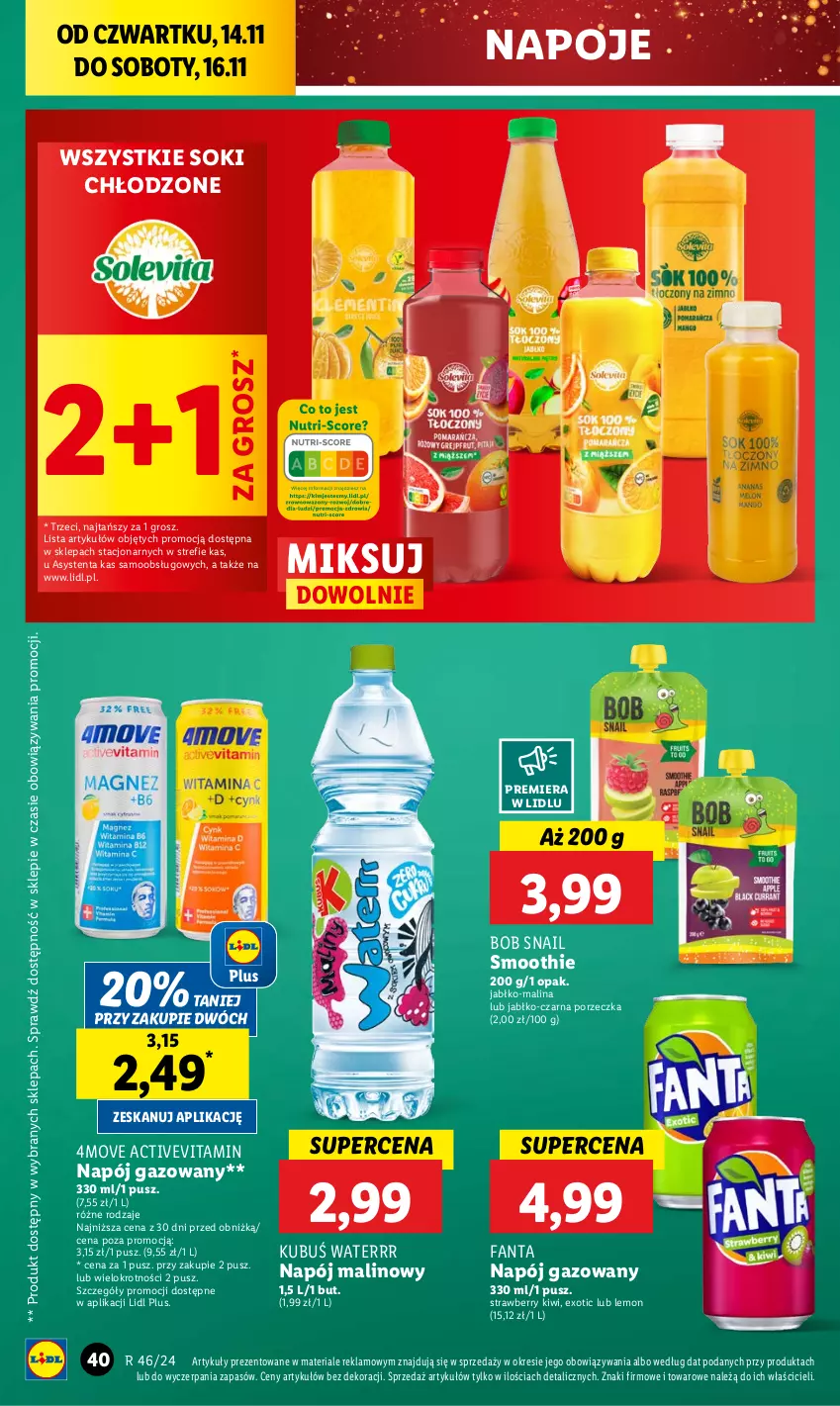 Gazetka promocyjna Lidl - GAZETKA - ważna 14.11 do 16.11.2024 - strona 42 - produkty: Fa, Fanta, Kiwi, Kubuś, Kubuś Waterrr, Napój, Napój gazowany, Napoje, Por, Smoothie, Sok, Vitamin napój