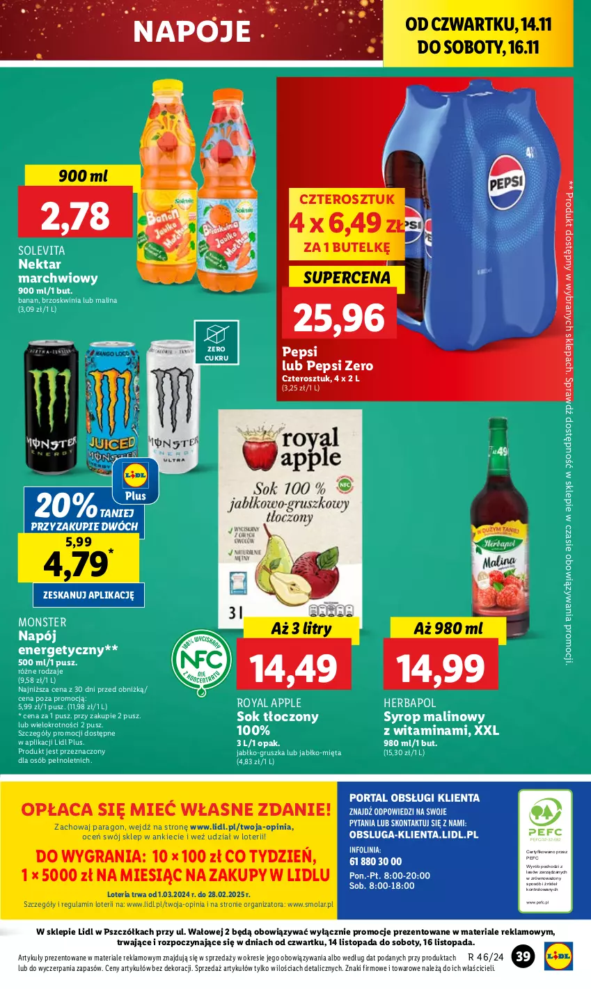 Gazetka promocyjna Lidl - GAZETKA - ważna 14.11 do 16.11.2024 - strona 43 - produkty: Gra, Herbapol, Mięta, Mola, Napój, Napój energetyczny, Napoje, Nektar, Pepsi, Sok, Syrop, Top