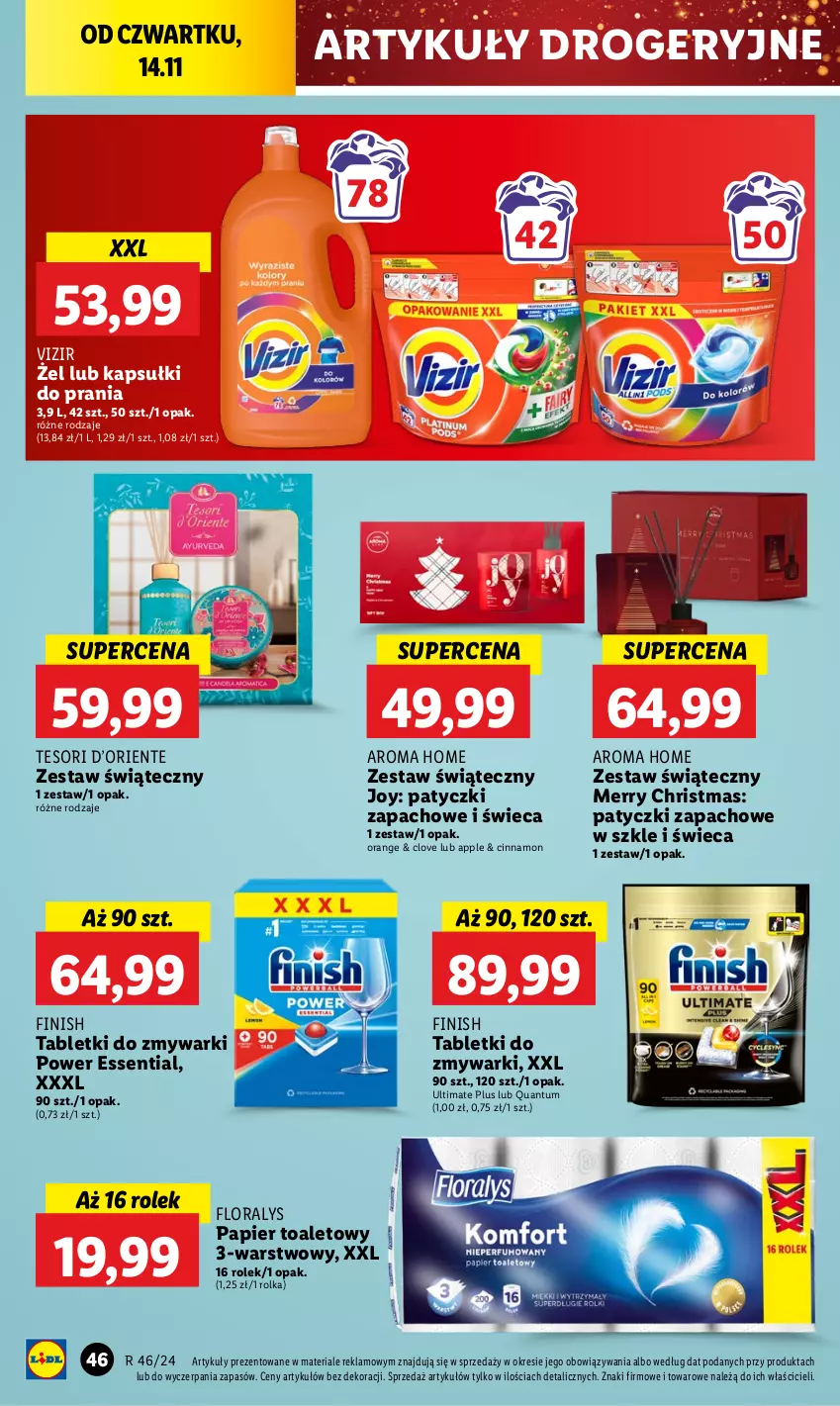 Gazetka promocyjna Lidl - GAZETKA - ważna 14.11 do 16.11.2024 - strona 52 - produkty: Finish, Flora, Kapsułki do prania, Papier, Papier toaletowy, Tablet, Tabletki do zmywarki, Vizir, Zmywarki