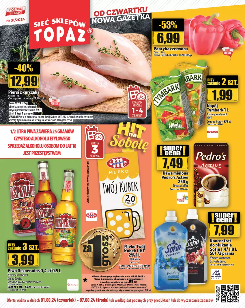 Gazetka promocyjna Topaz - Gazetka - ważna 01.08 do 07.08.2024 - strona 1 - produkty: Desperados, Gra, Kawa, Kurczak, Mięta, Napój, Piwa, Piwo, Tymbark