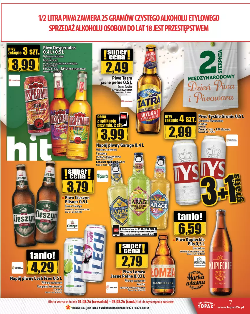 Gazetka promocyjna Topaz - Gazetka - ważna 01.08 do 07.08.2024 - strona 7 - produkty: Carlsberg, Desperados, Fa, Kupiec, Napój, Piec, Piwo, Por, Tatra, Top, Tyskie