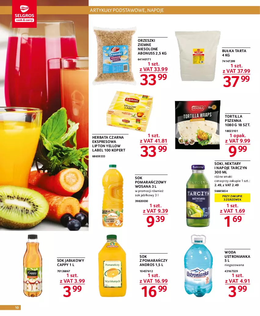 Gazetka promocyjna Selgros - Oferta dla gastronomii - ważna 02.02 do 15.02.2023 - strona 10 - produkty: Bułka, Bułka tarta, Cappy, Herbata, Herbata czarna, Lipton, Napoje, Nektar, Orzeszki, Orzeszki ziemne, Sok, Sok jabłkowy, Sok pomarańczowy, Tarta, Tortilla, Woda, Wosana