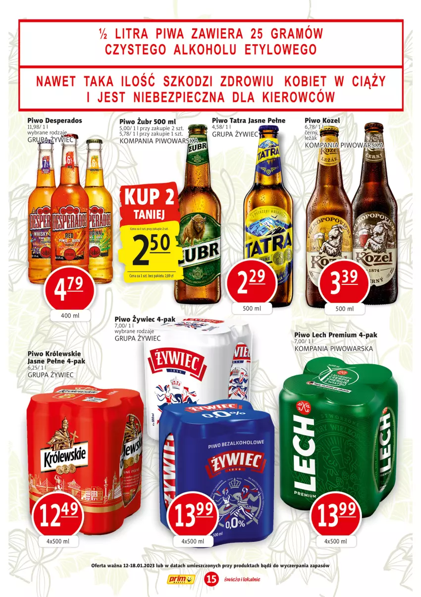 Gazetka promocyjna Prim Market - ważna 12.01 do 18.01.2023 - strona 15 - produkty: Desperados, Kozel, Królewski, Lech Premium, LG, Piwo, Tatra