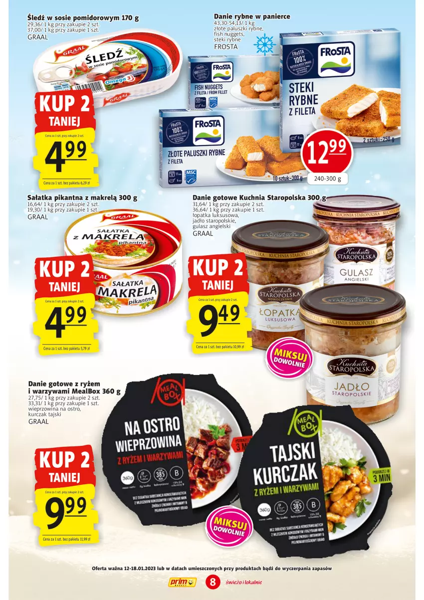 Gazetka promocyjna Prim Market - ważna 12.01 do 18.01.2023 - strona 8 - produkty: Danie gotowe, Frosta, Gra, Graal, Kuchnia, Kuchnia Staropolska, Kurczak, Makrelą, Paluszki rybne, Ryż, Sałat, Sałatka, Sałatka z makrelą, Sos, Stek, Warzywa, Wieprzowina