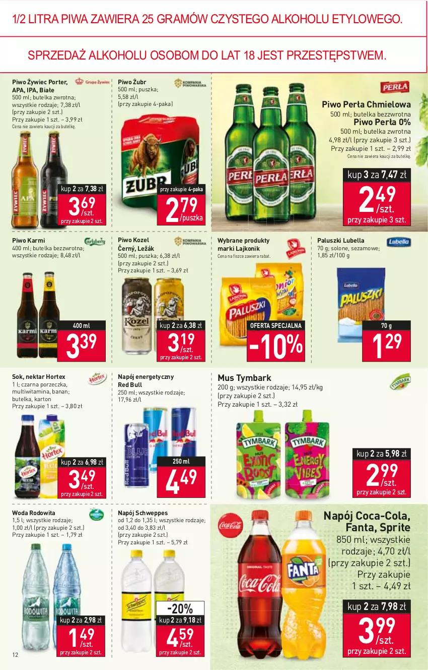 Gazetka promocyjna Stokrotka - Supermarket - ważna 23.02 do 02.03.2022 - strona 12 - produkty: Bell, Bella, Coca-Cola, Fa, Fanta, Gra, Hortex, Karmi, Kozel, Lajkonik, Lubella, Mus, Napój, Napój energetyczny, Nektar, Perła, Piwa, Piwo, Por, Red Bull, Schweppes, Sezam, Sok, Sprite, Tymbark, Woda