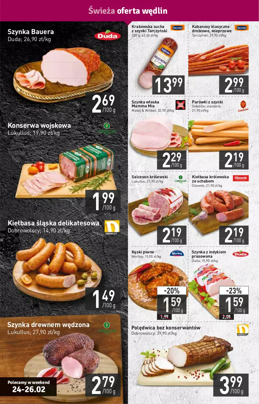 Gazetka promocyjna Stokrotka - Supermarket - ważna 23.02 do 02.03.2022 - strona 4 - produkty: Duda, HP, Kabanos, Kęski piwne, Kiełbasa, Kiełbasa śląska, Królewski, Morliny, Olewnik, Parówki, Parówki z szynki, Polędwica, Salceson, Ser, Sok, Sokołów, Szynka, Tarczyński