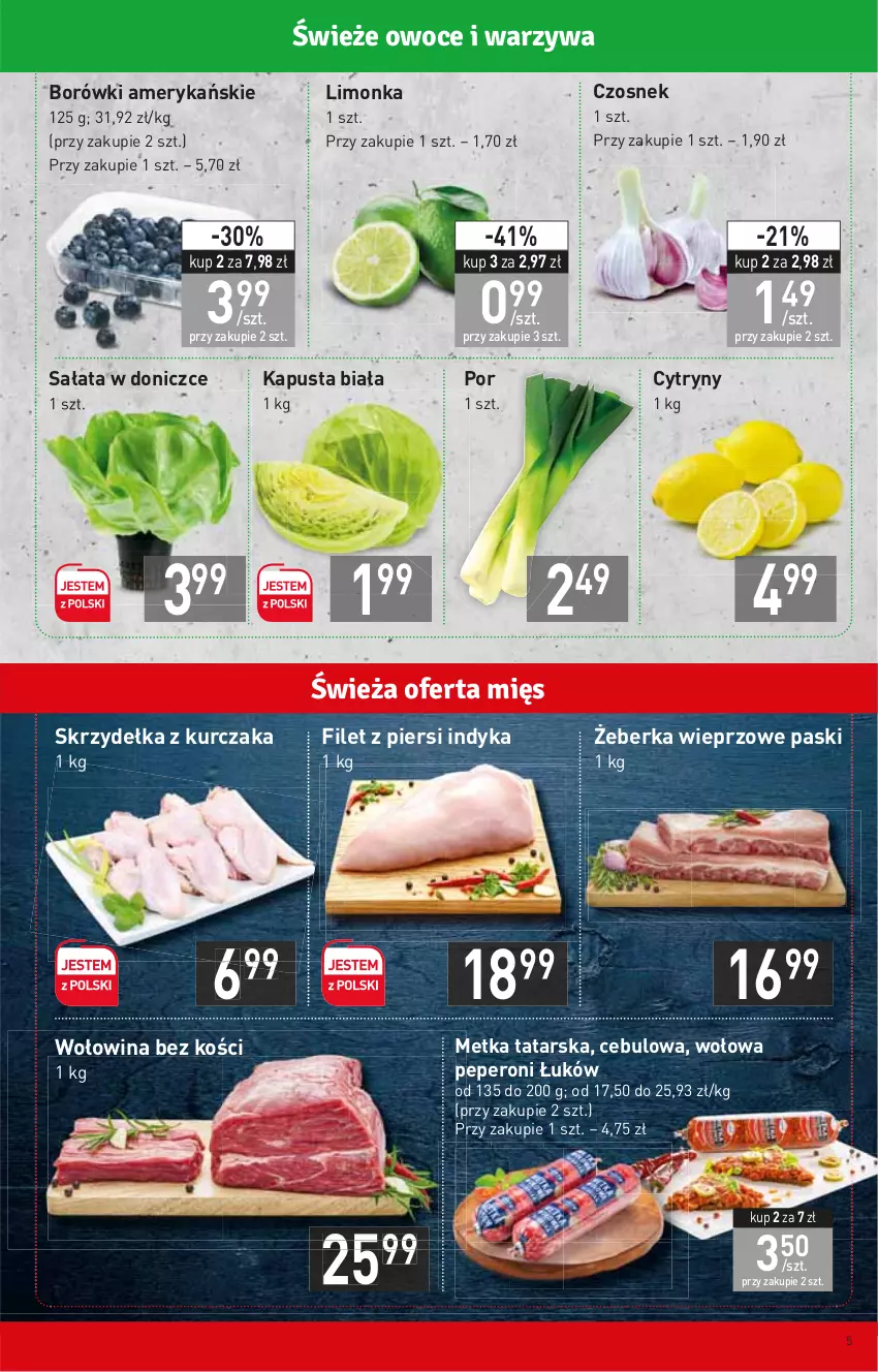 Gazetka promocyjna Stokrotka - Supermarket - ważna 23.02 do 02.03.2022 - strona 5 - produkty: Cytryny, Czosnek, Filet z piersi indyka, Kurczak, Limonka, Metka tatarska, Por, Sałat, Skrzydełka z kurczaka, Wołowina, Wołowina bez kości