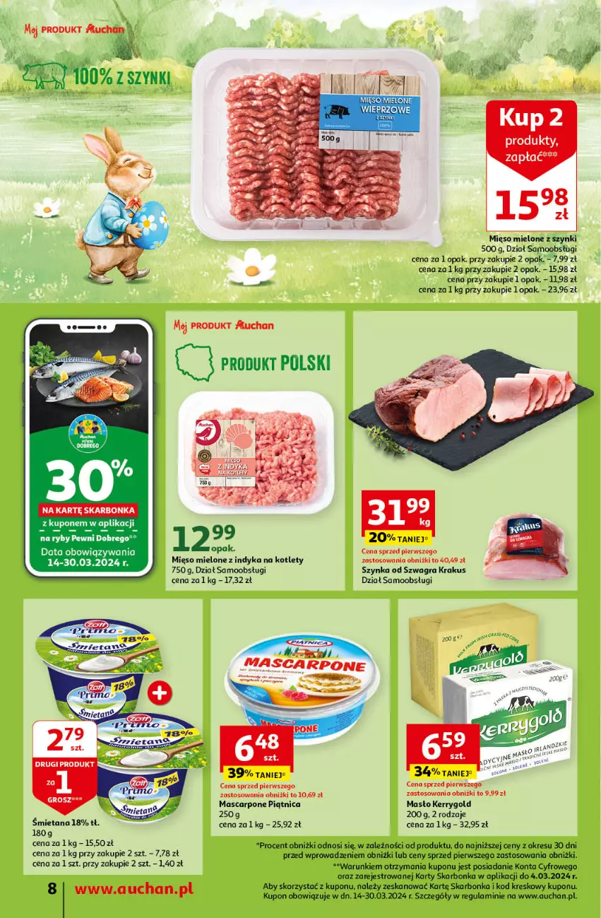 Gazetka promocyjna Auchan - Wielkanoc z najlepszej cenie! Część 1. Moje Auchan - ważna 14.03 do 20.03.2024 - strona 8 - produkty: Gra, Kotlet, Krakus, Mascarpone, Masło, Mięso, Mięso mielone, Mięso mielone z szynki, Szynka