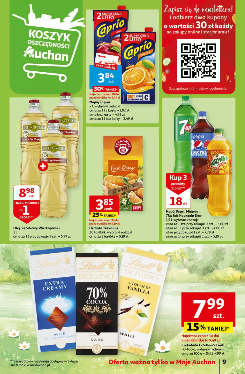 Gazetka promocyjna Auchan - Wielkanoc z najlepszej cenie! Część 1. Moje Auchan - ważna 14.03 do 20.03.2024 - strona 9 - produkty: 7up, Czekolada, Herbata, LG, Lindt, Mirinda, Napój, Olej, Olej rzepakowy, Pepsi, Teekanne