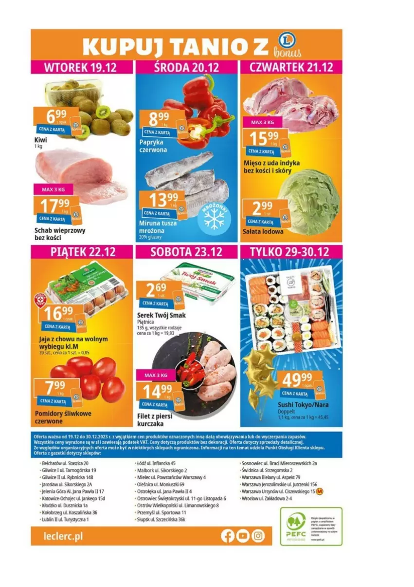 Gazetka promocyjna E Leclerc - ważna 19.12 do 30.12.2023 - strona 8 - produkty: Filet z piersi kurczaka, Jaja, Kosz, Kurczak, Mięso, Papryka, Papryka czerwona, Piątnica, Pomidory, Por, Schab wieprzowy, Ser, Serek, Sos, Sport, Szal, Top, Twój Smak