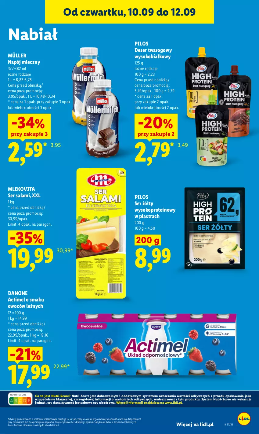 Gazetka promocyjna Lidl - Gazetka ważna od 10.09 do 12.09 - ważna 10.09 do 12.09.2026 - strona 53 - produkty: Actimel, Danone, Deser, Mleko, Mlekovita, Müller, Napój, Napój mleczny, Pilos, Salami, Ser, Ser salami, Ser twarogowy, Sok